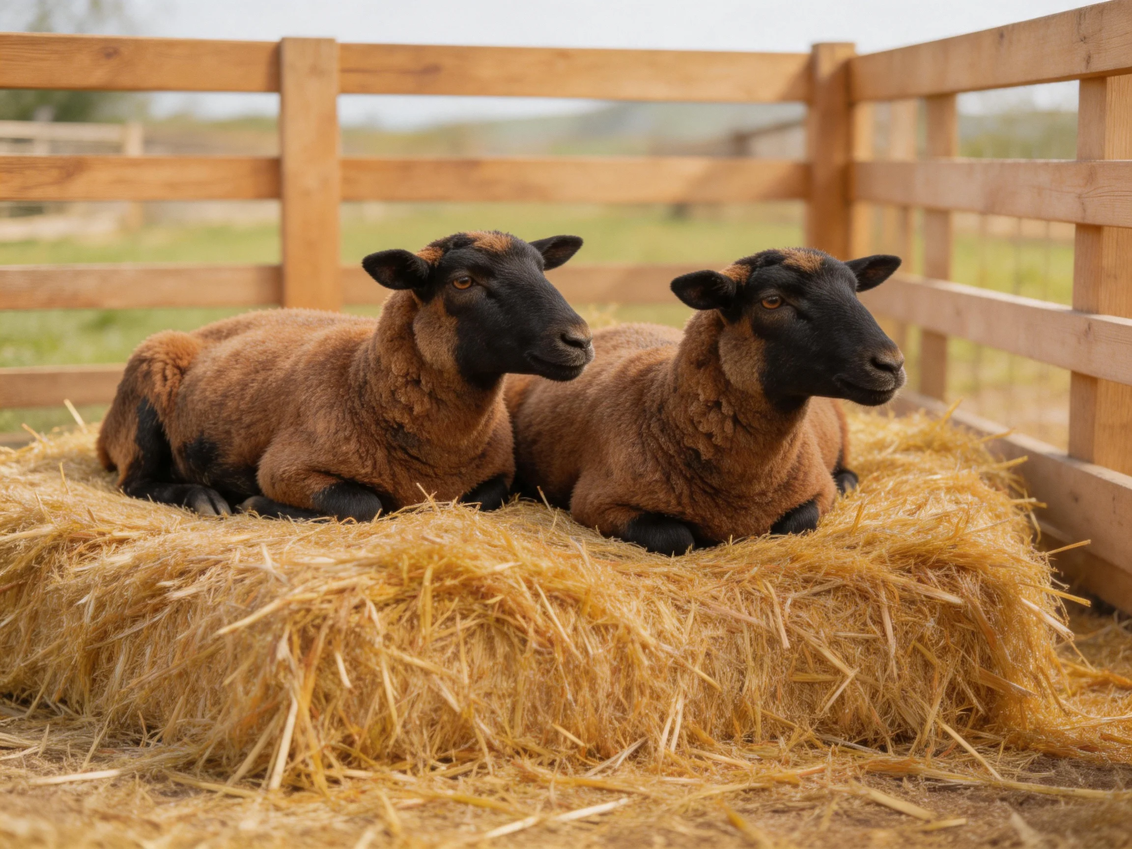Two brown sheep rest on golden hay in a wooden enclosure