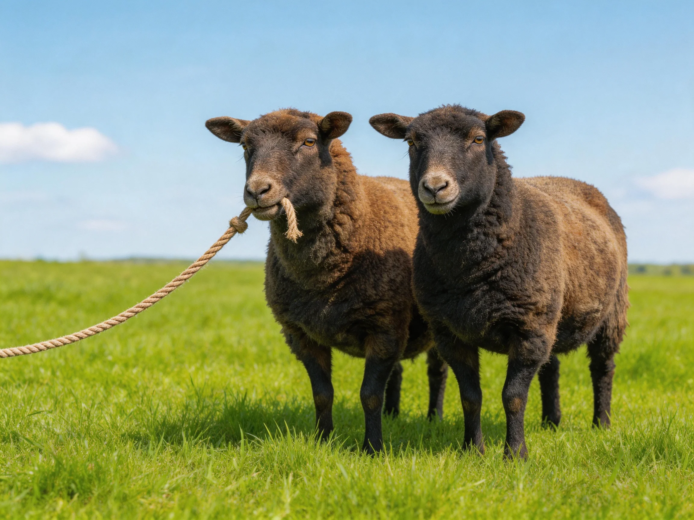 Two brown sheep stand in a lush green meadow