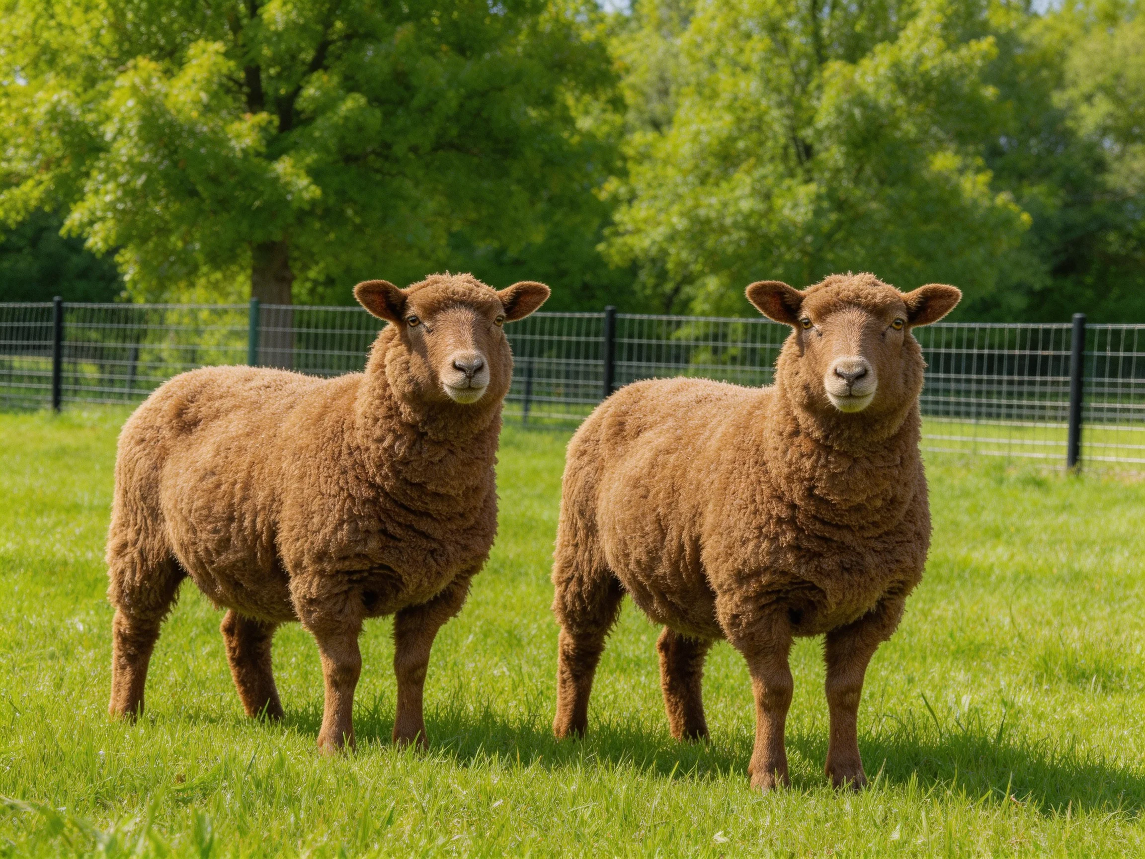 Two brown sheep stand in a lush green pasture near trees