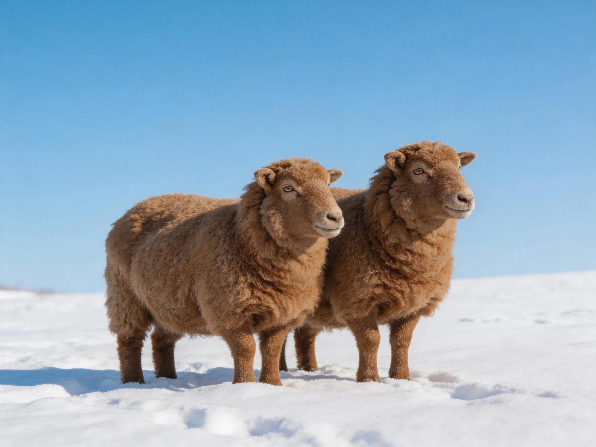 Two brown sheep stand on snow under clear blue sky