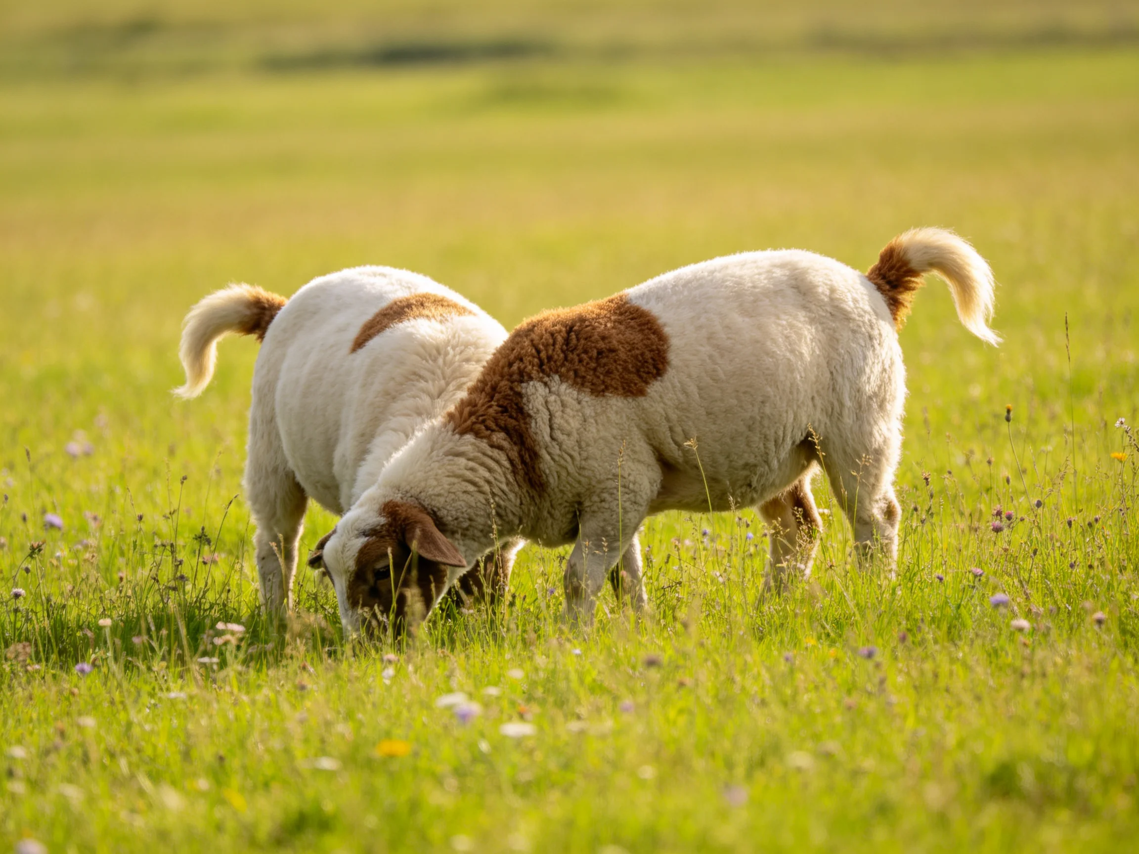 Two brown-spotted lambs graze in a sunlit green meadow