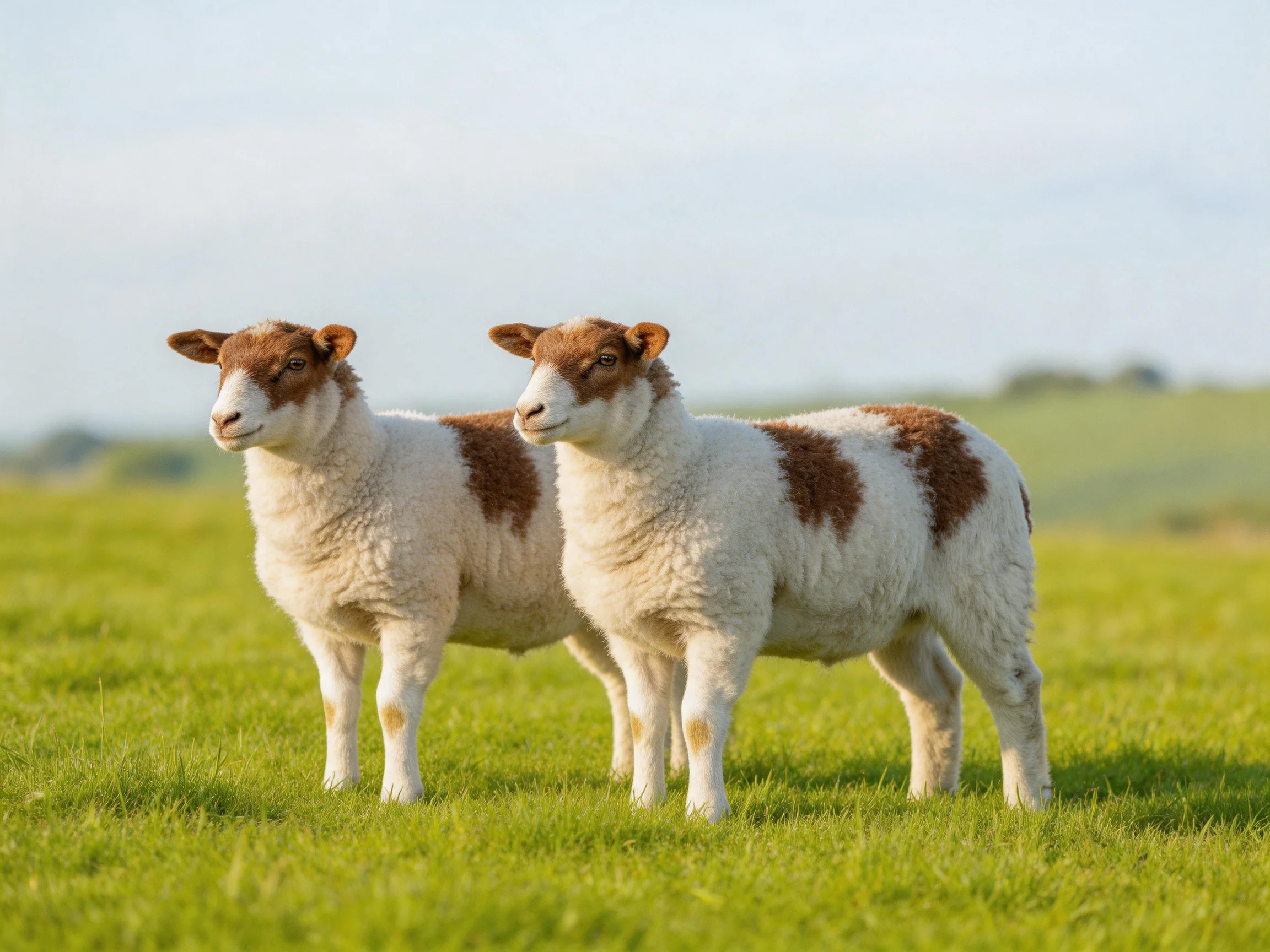 Two brown-spotted lambsstand side by side in a sunny green field.