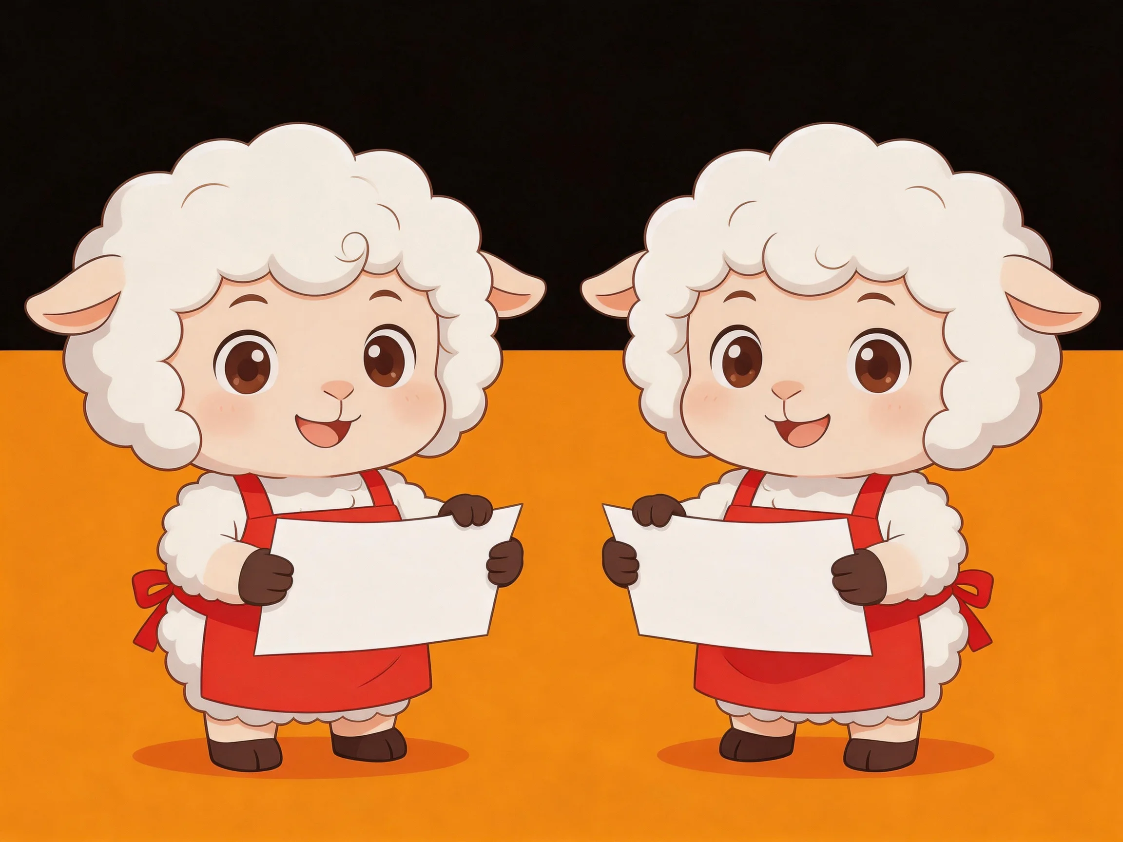 Two cartoon sheep in red aprons hold blank signs on orange and black background