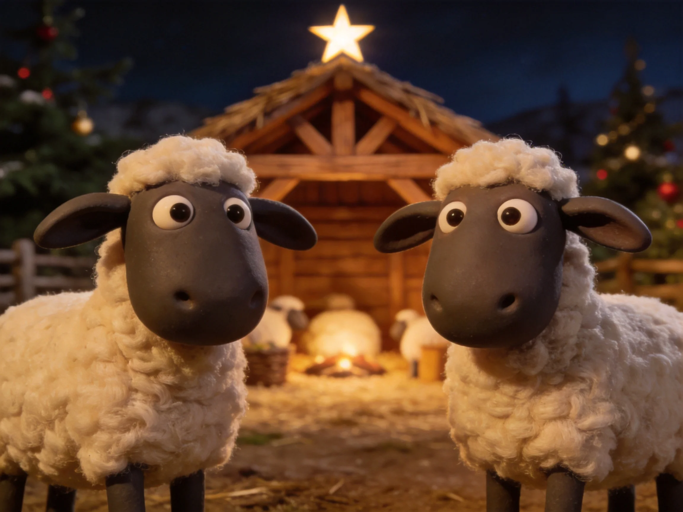 Two cartoon sheep stand before a festive nativity stable scene