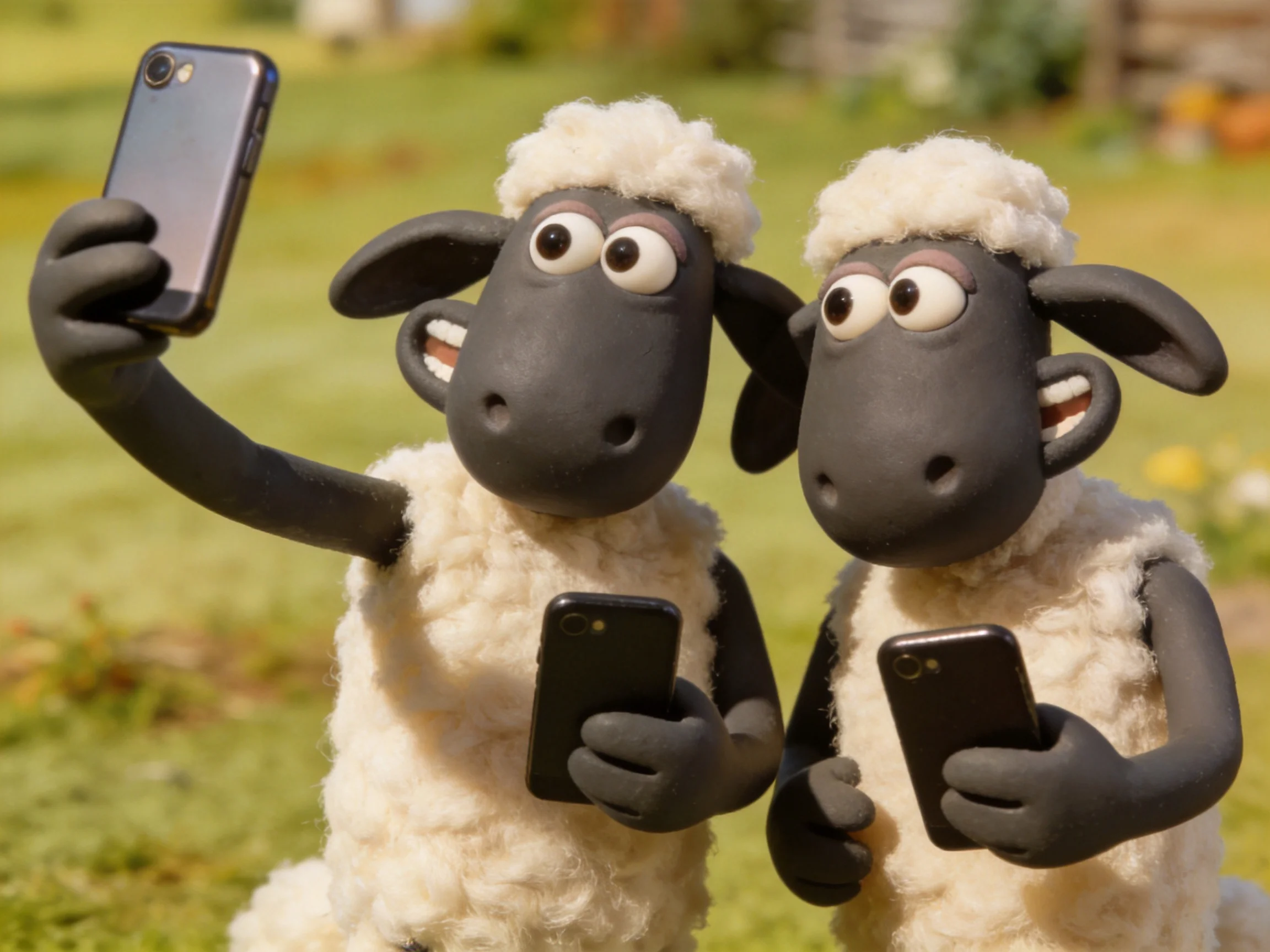 Two cartoon sheep take selfies with smartphones outdoors