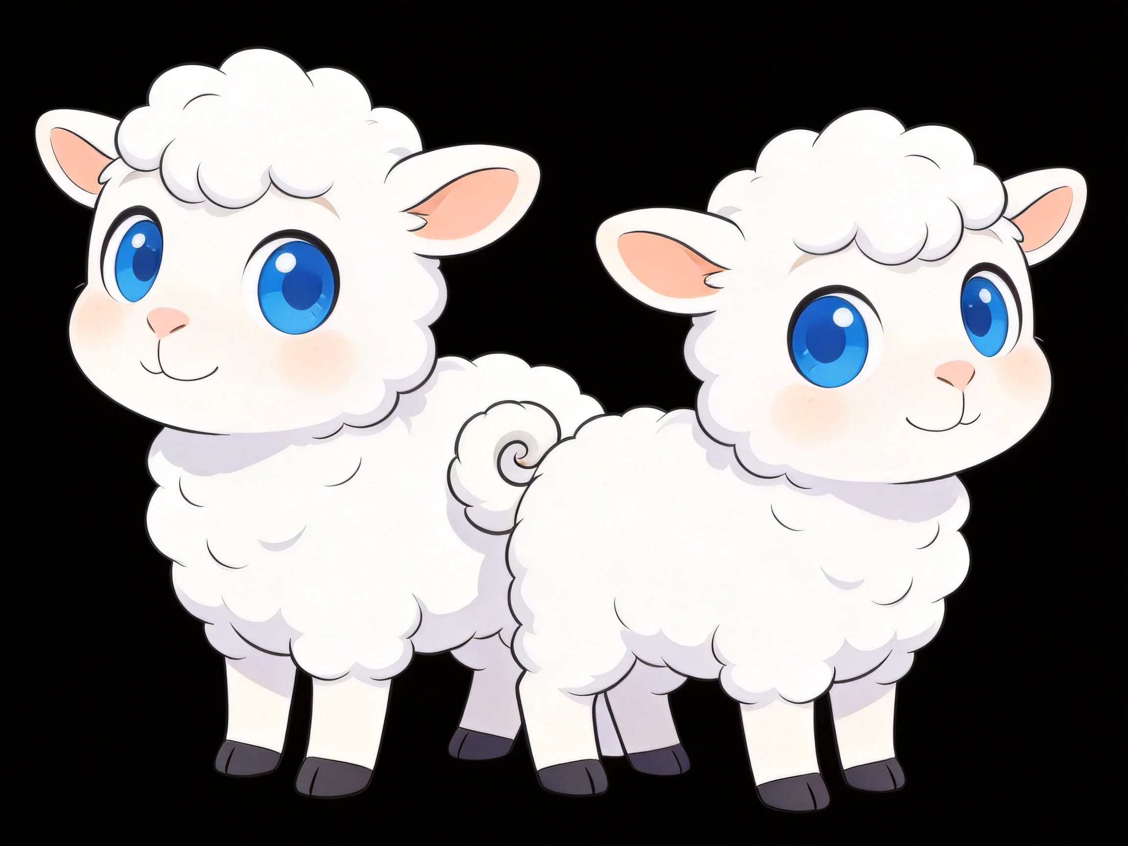 Two cartoon-style white lambs with bright blue eyes