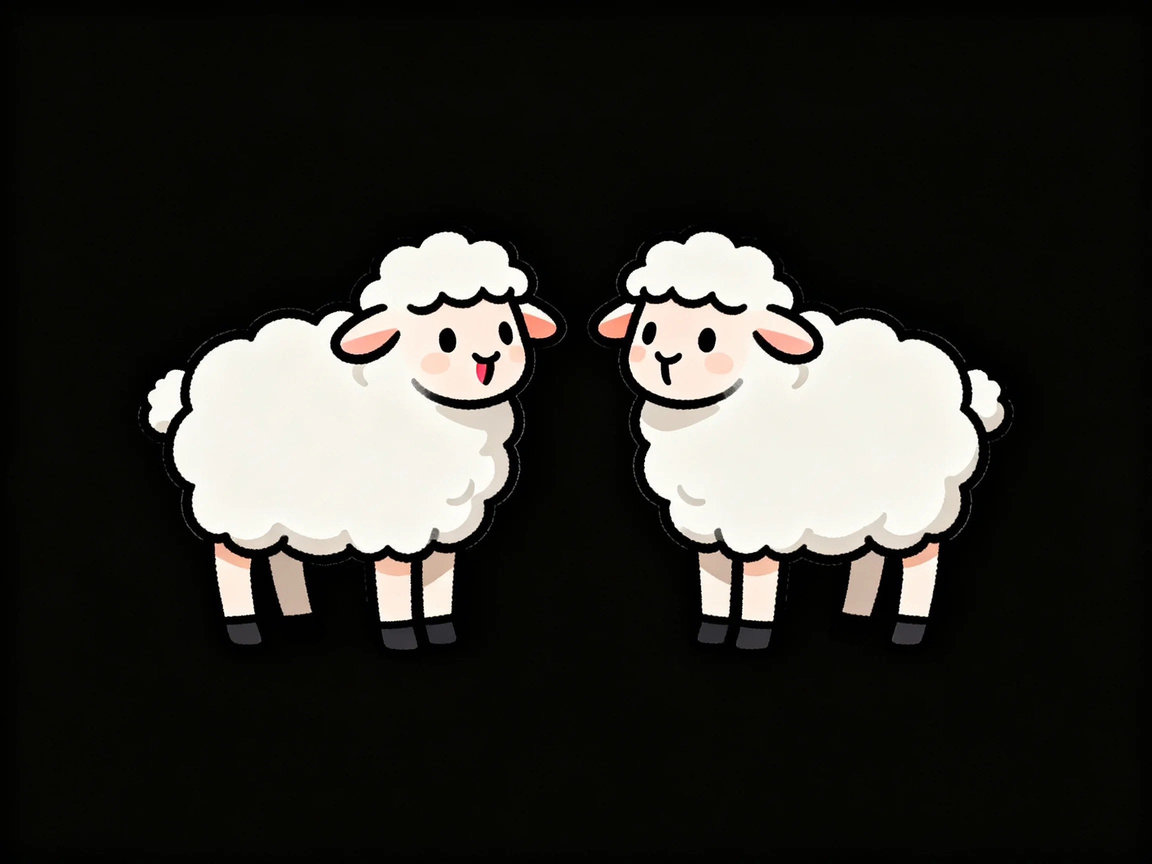 Two cartoon white sheep with fluffy coats on a solid black background