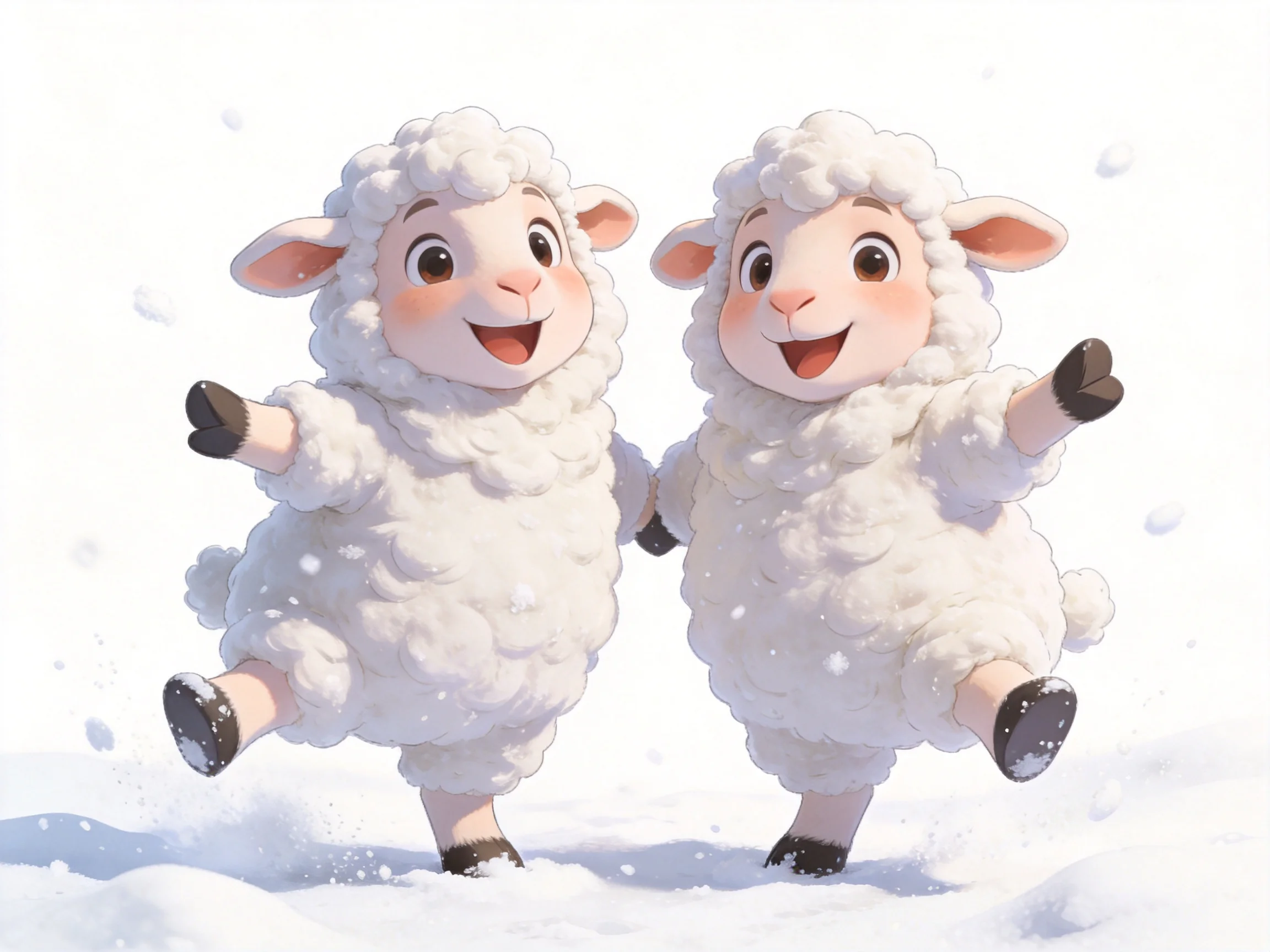 Two cheerful cartoon sheep dancing joyfully in a snowy landscape