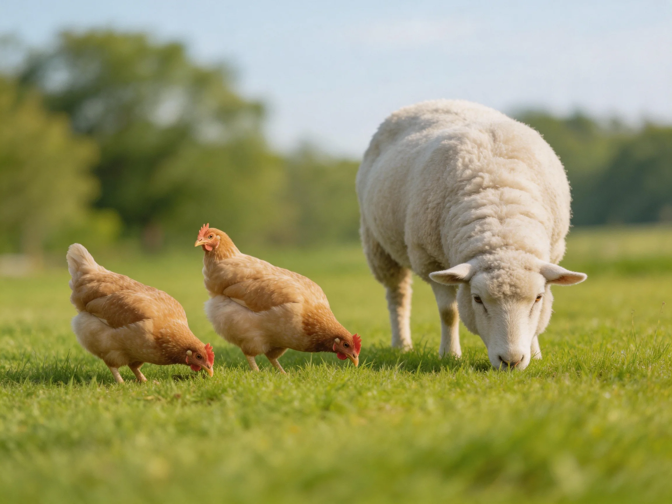 Two chickens and a sheep graze in a sunny green pasture