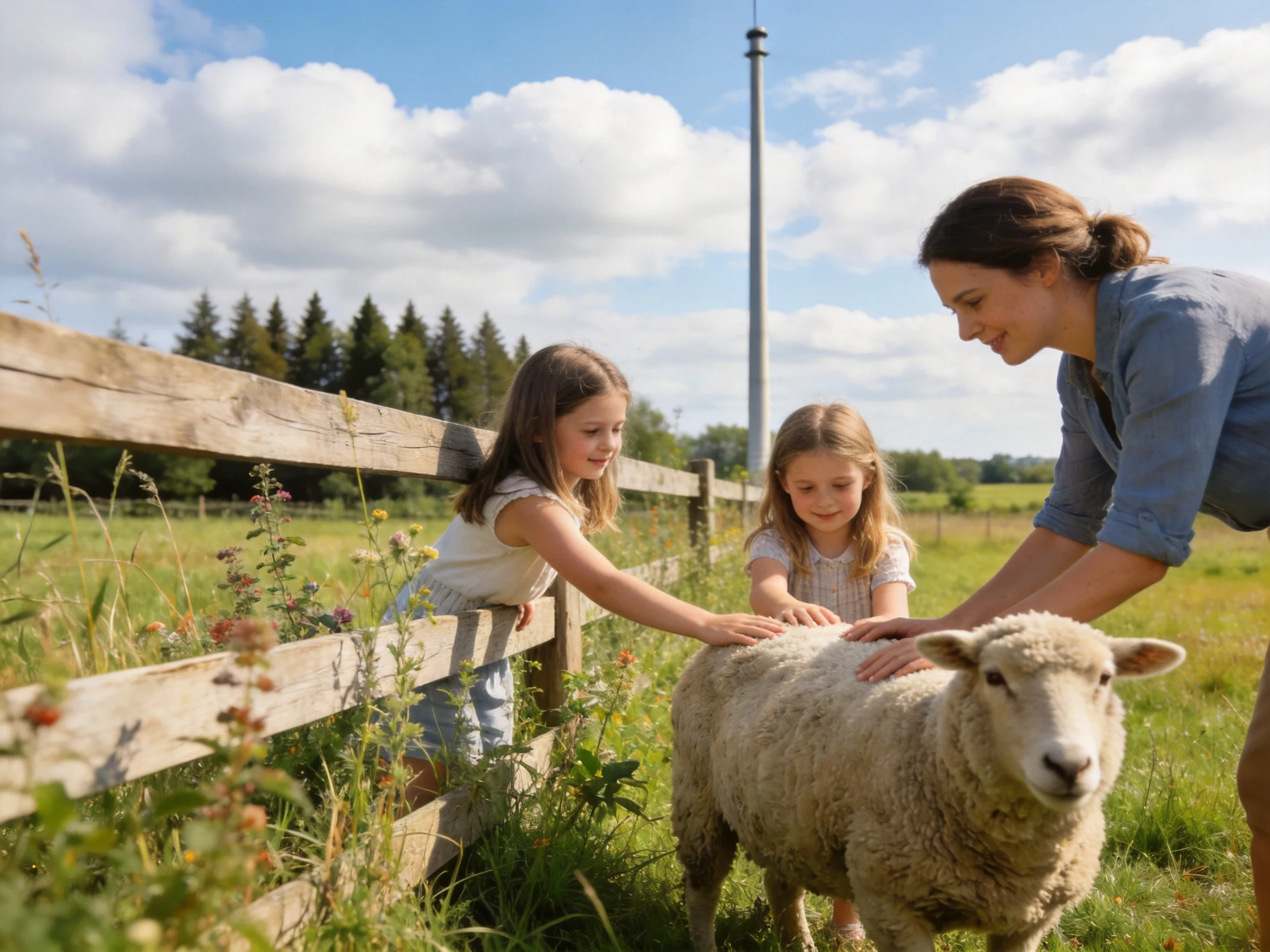 Two children and an adult petting a sheep by a wooden fence in a sunny pasture