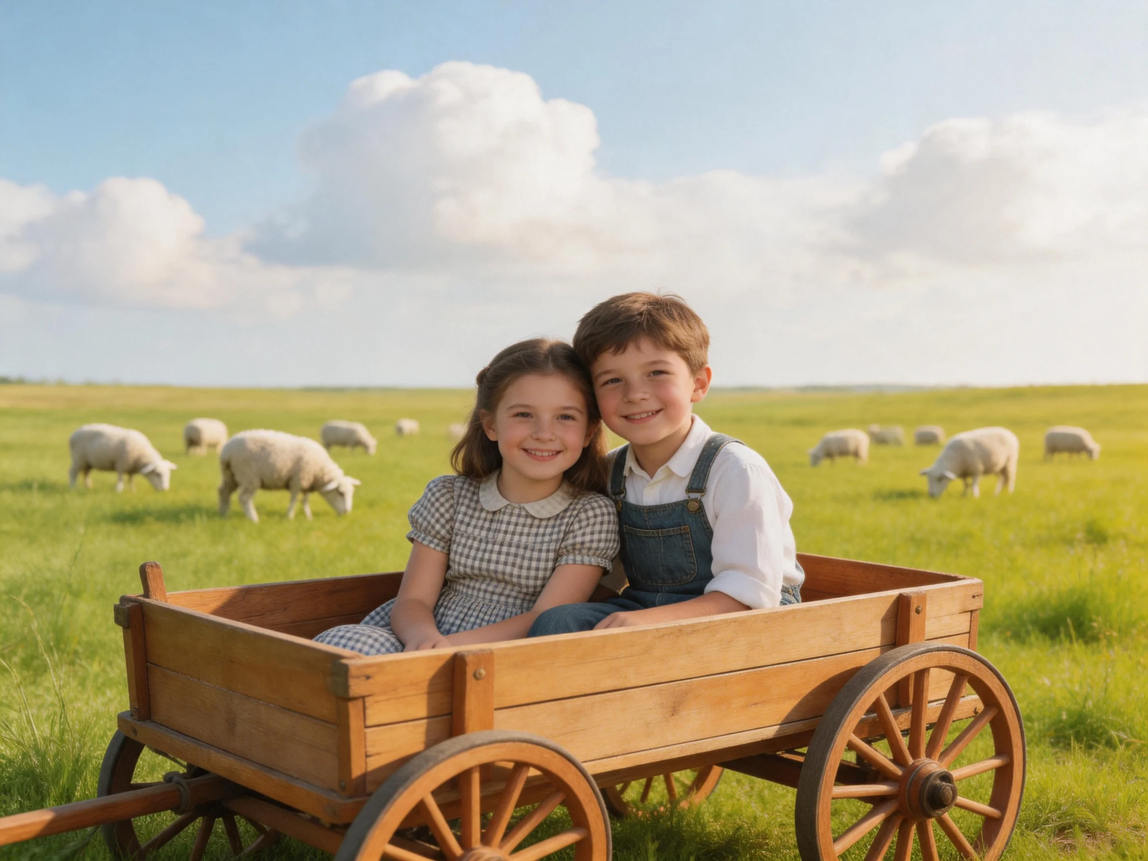 Two children in a wooden wagon near grazing sheep