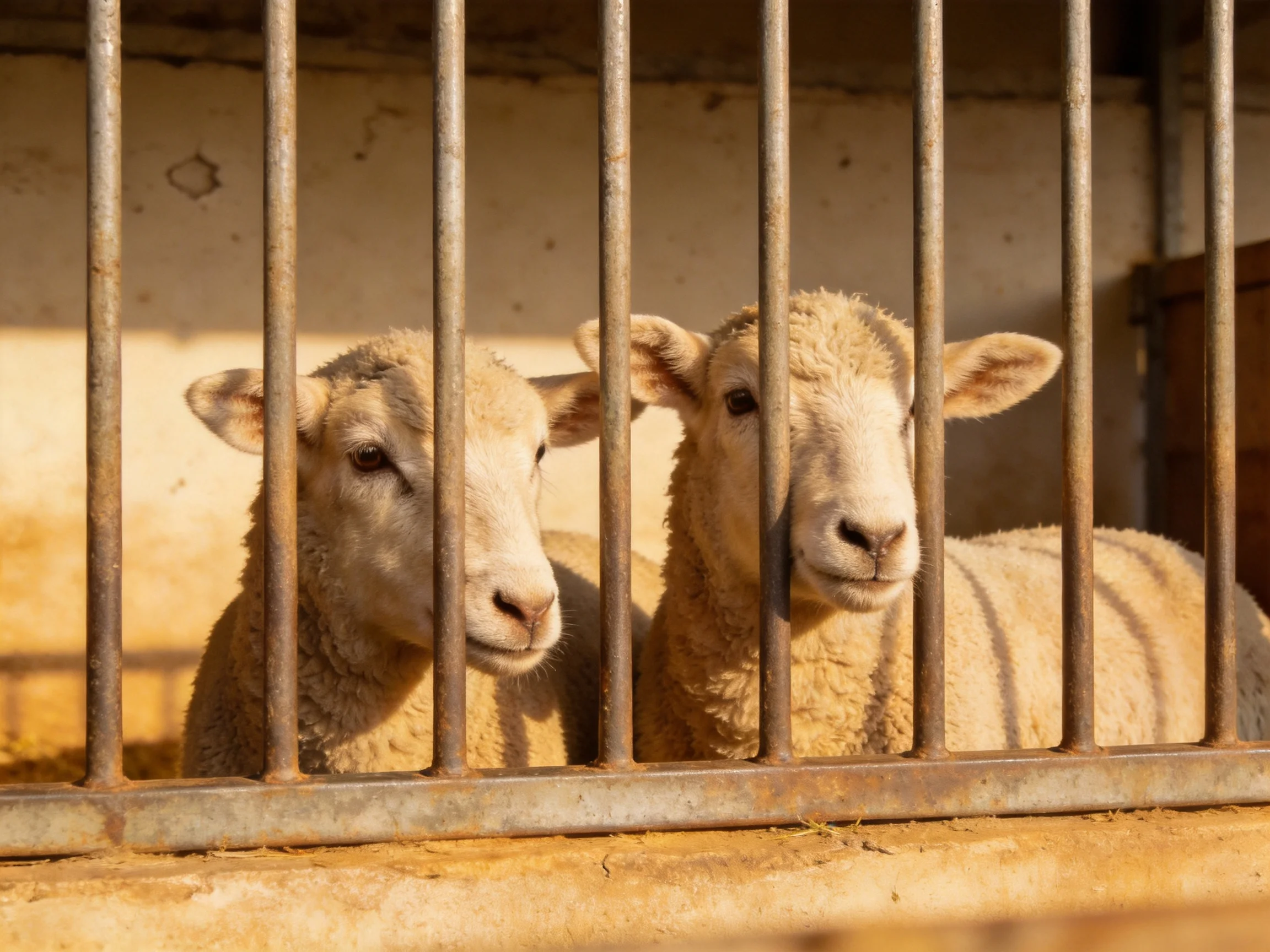 Two cream-colored lambs behind rusty metal bars in a barn