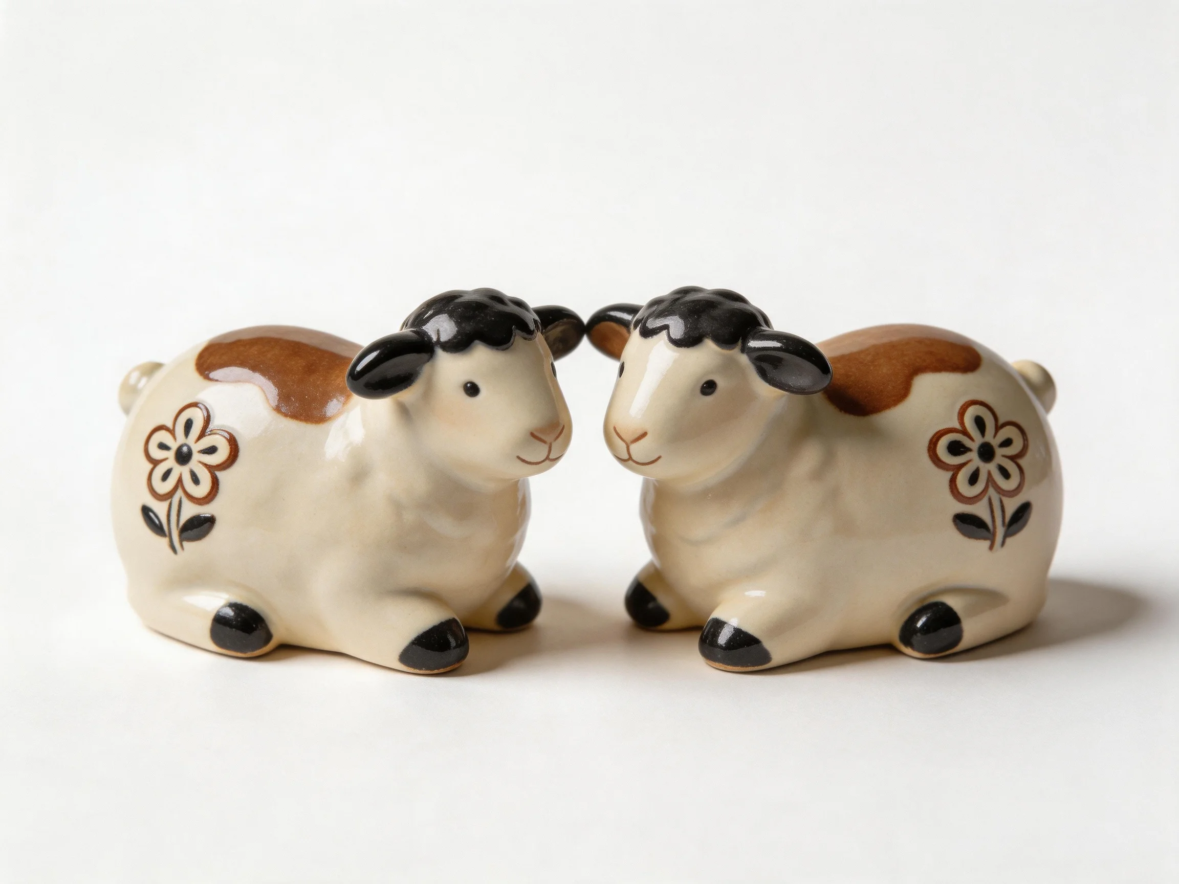 Two cream - hued ceramic sheep figurines with brown patches and floral designs