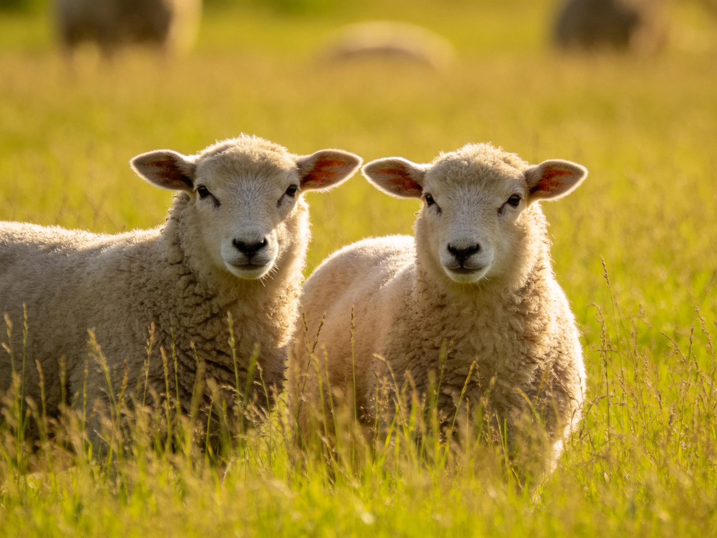 Two cream lambs stand together in golden grassy field with distant sheep