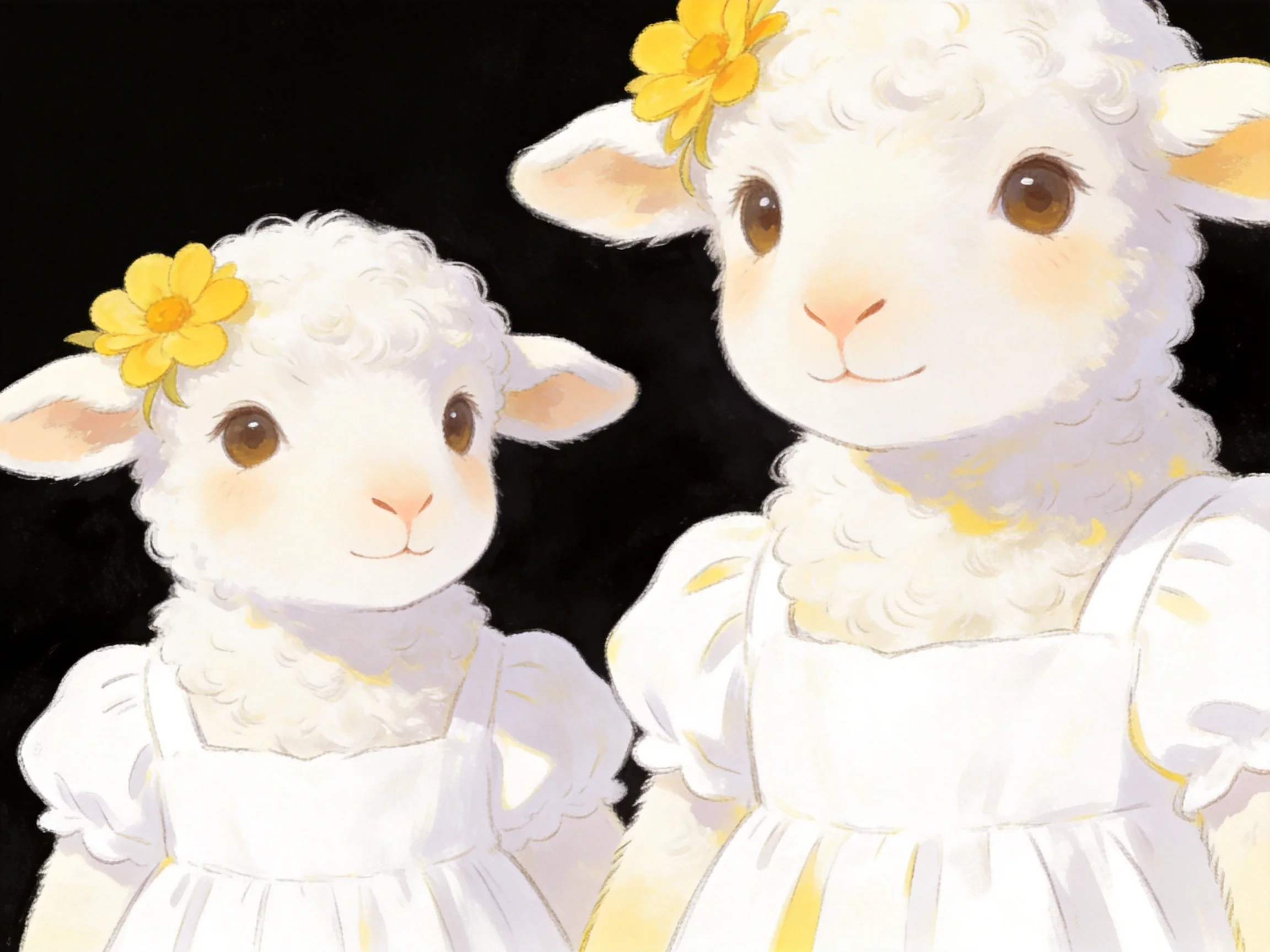Two cute lambs in white dresses with yellow flower adornments
