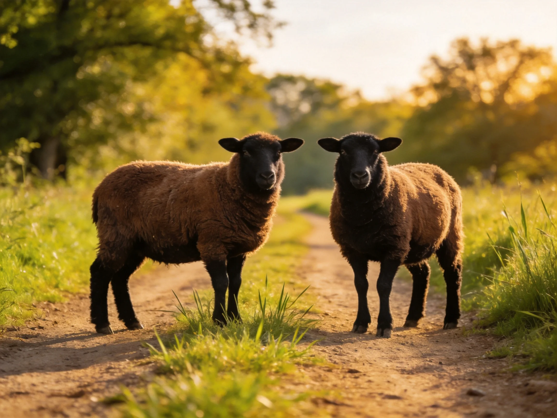 Two dark-faced brown sheep on a sunlit dirt path
