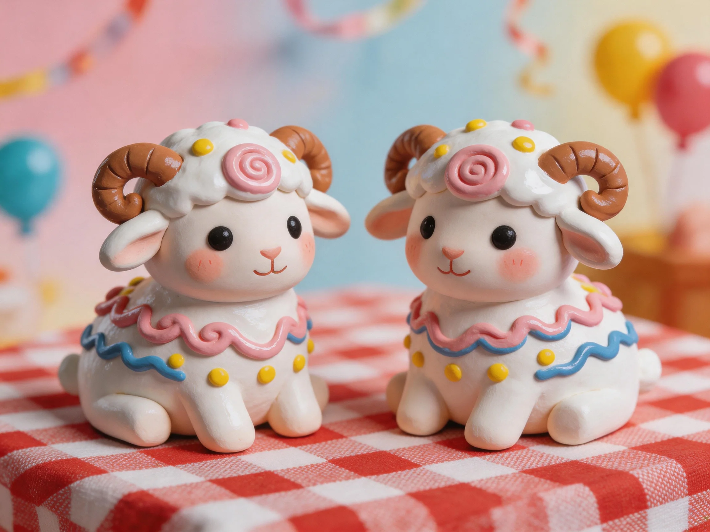 Two decorated ceramic sheep figurines sit on a red-and-white checkered cloth