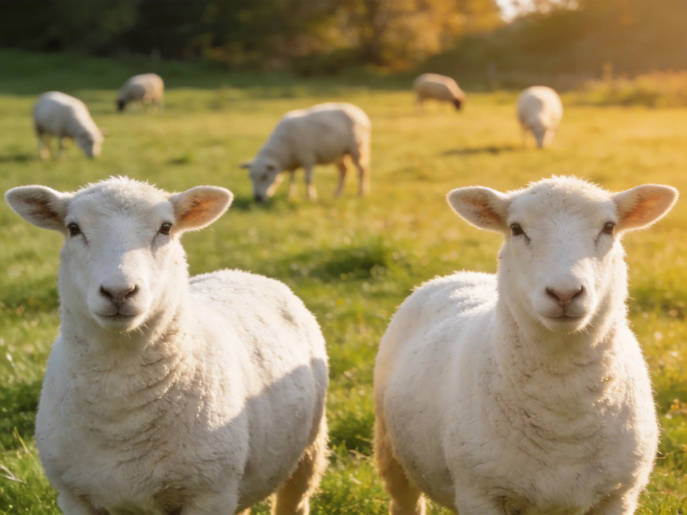 Two fluffy lambs gaze forward amid six grazing sheep in a sunlit meadow