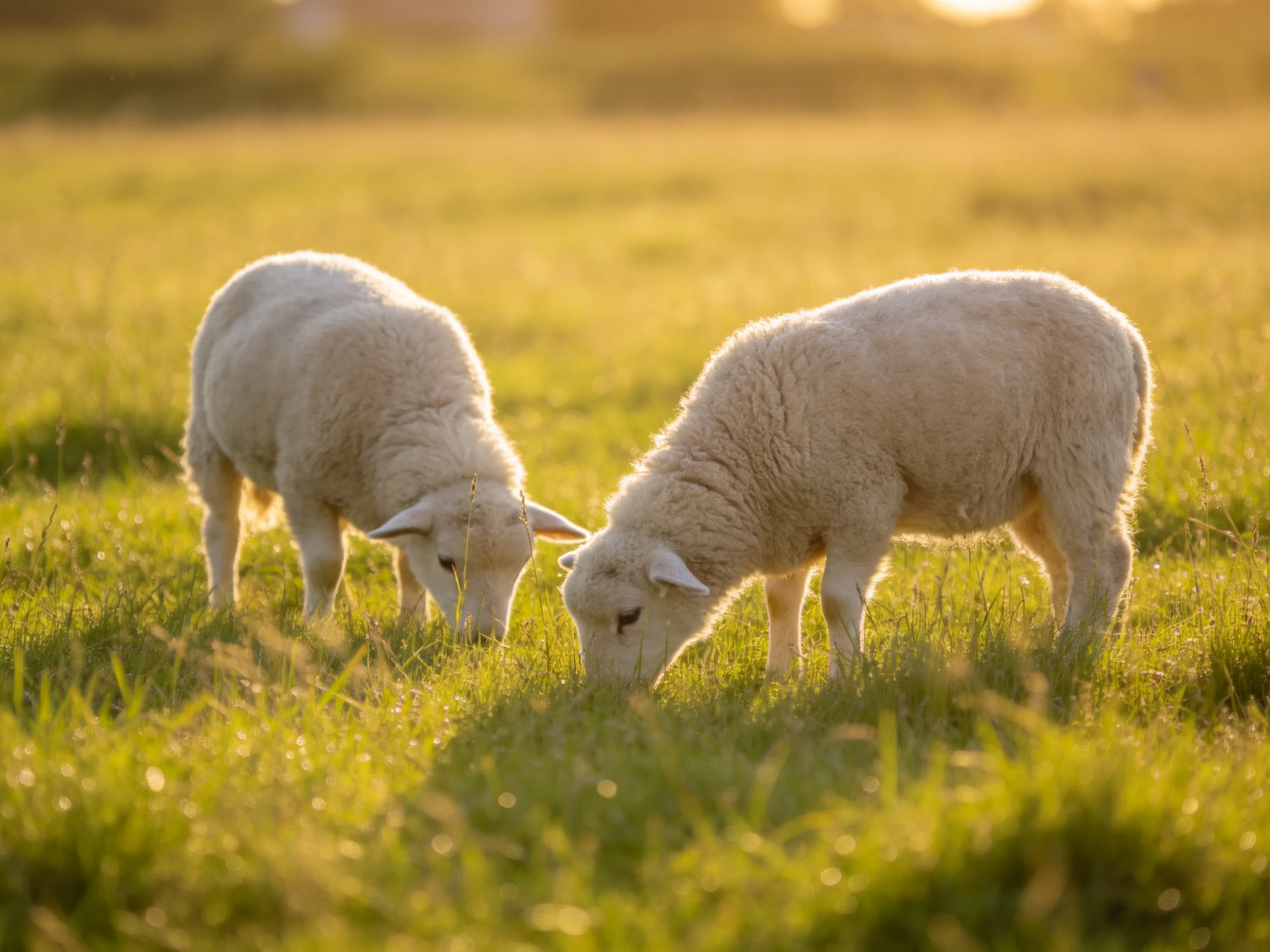 Two lambs graze in a sunlit green pasture