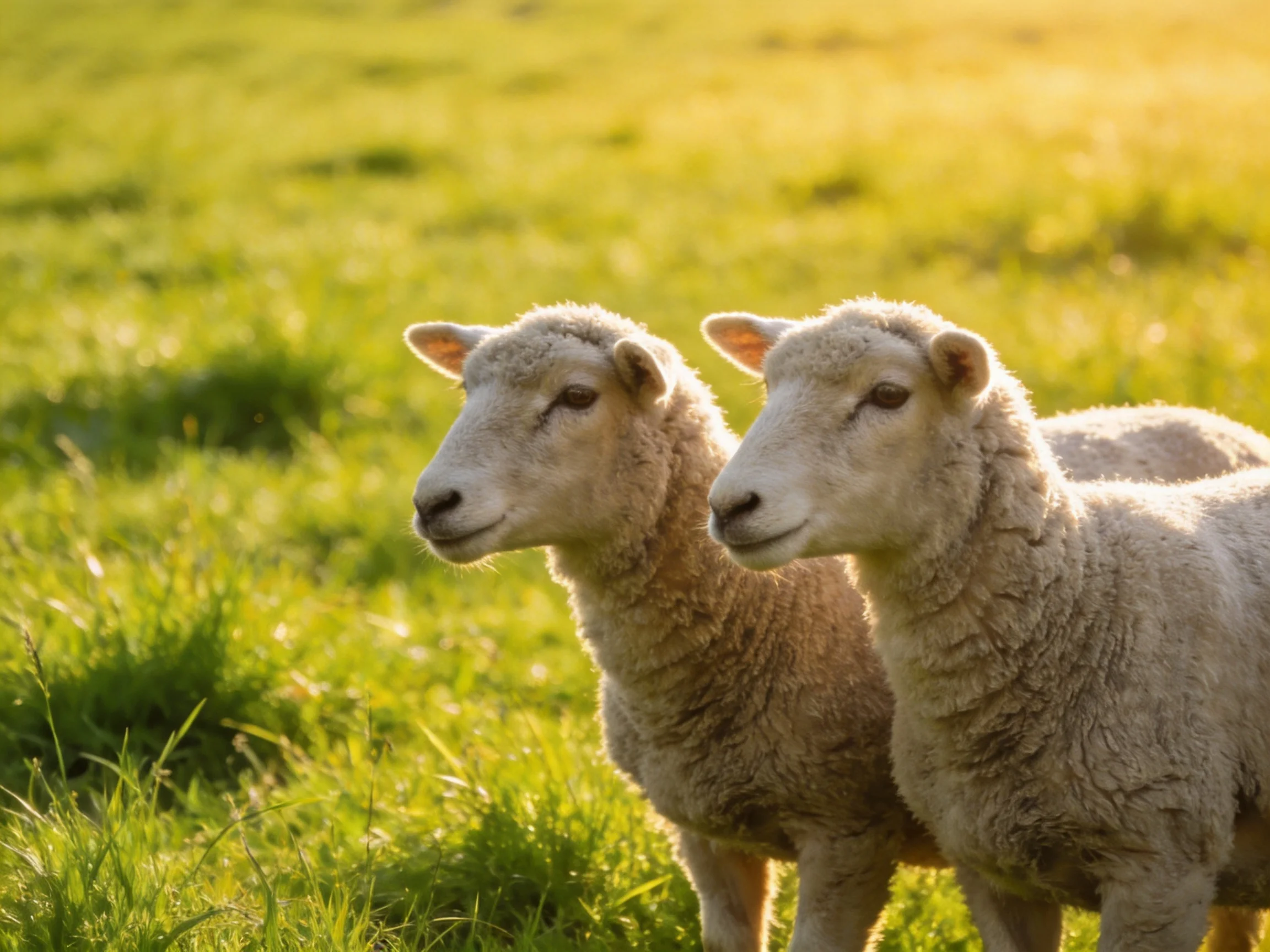 Two young sheep stand together in a sunlit grassy field.