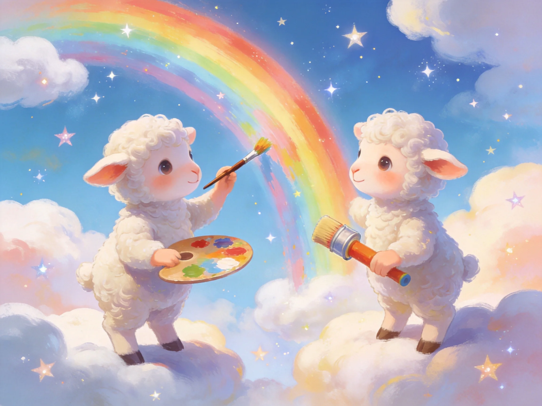 Two fluffy lambs paint a vibrant rainbow in a starry sky