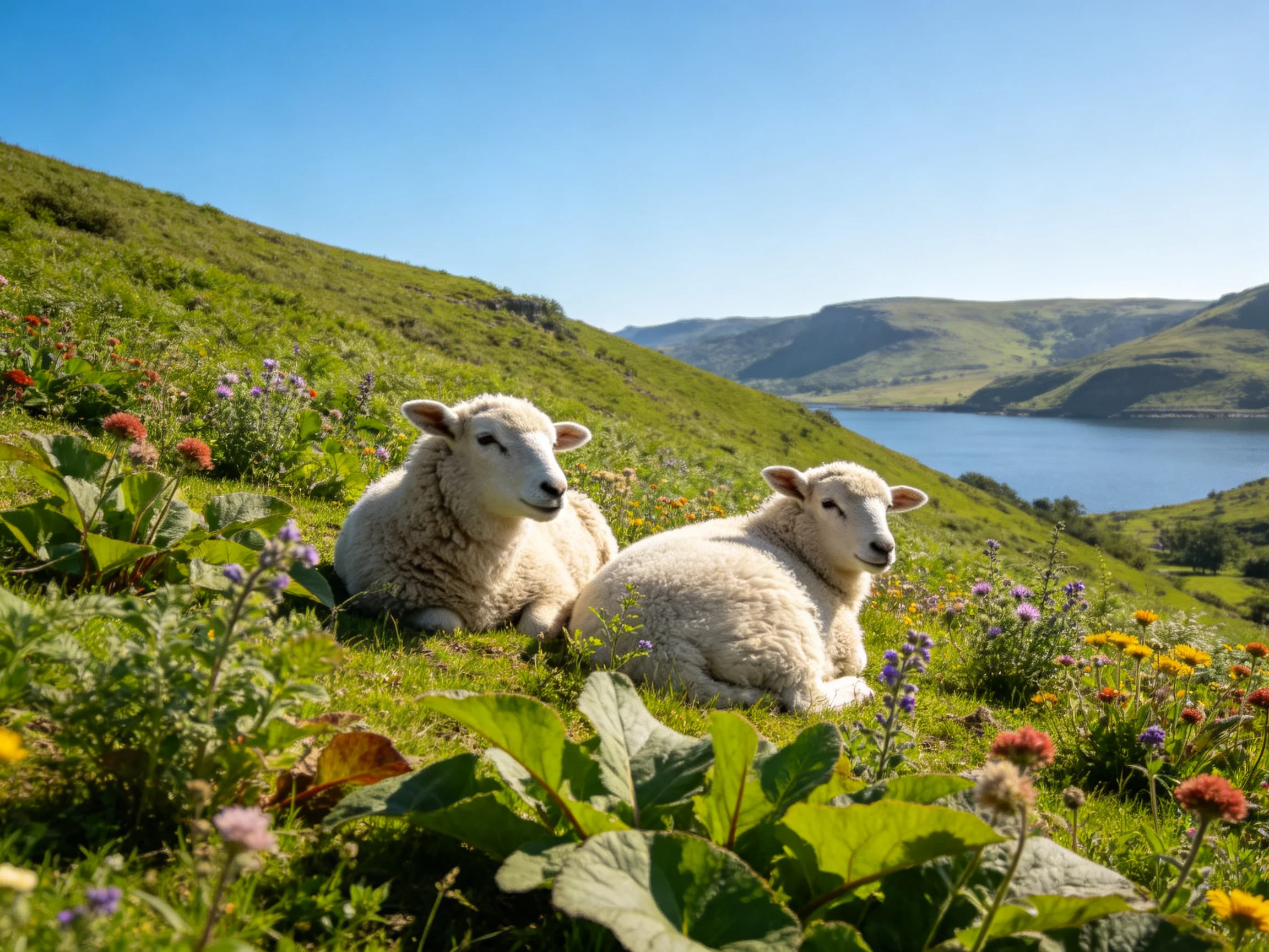 Two fluffy lambs rest amid vibrant wildflowers on a lush green hillside near a tranquil lake.