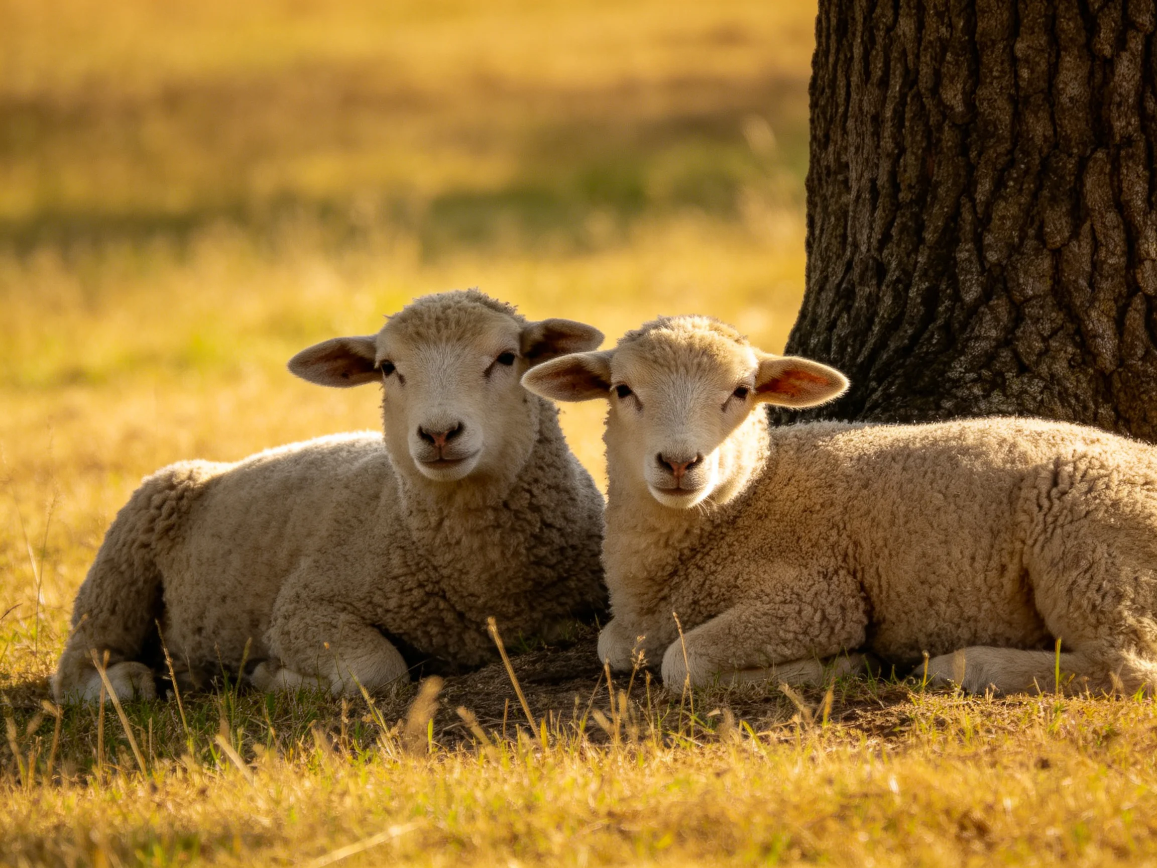 Two fluffy lambs rest beside a large tree in a golden meadow