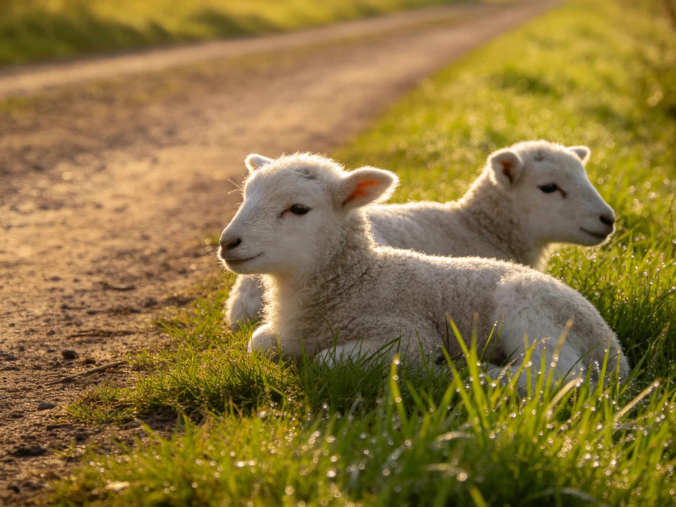 Two fluffy lambs rest beside a sunlit dirt road