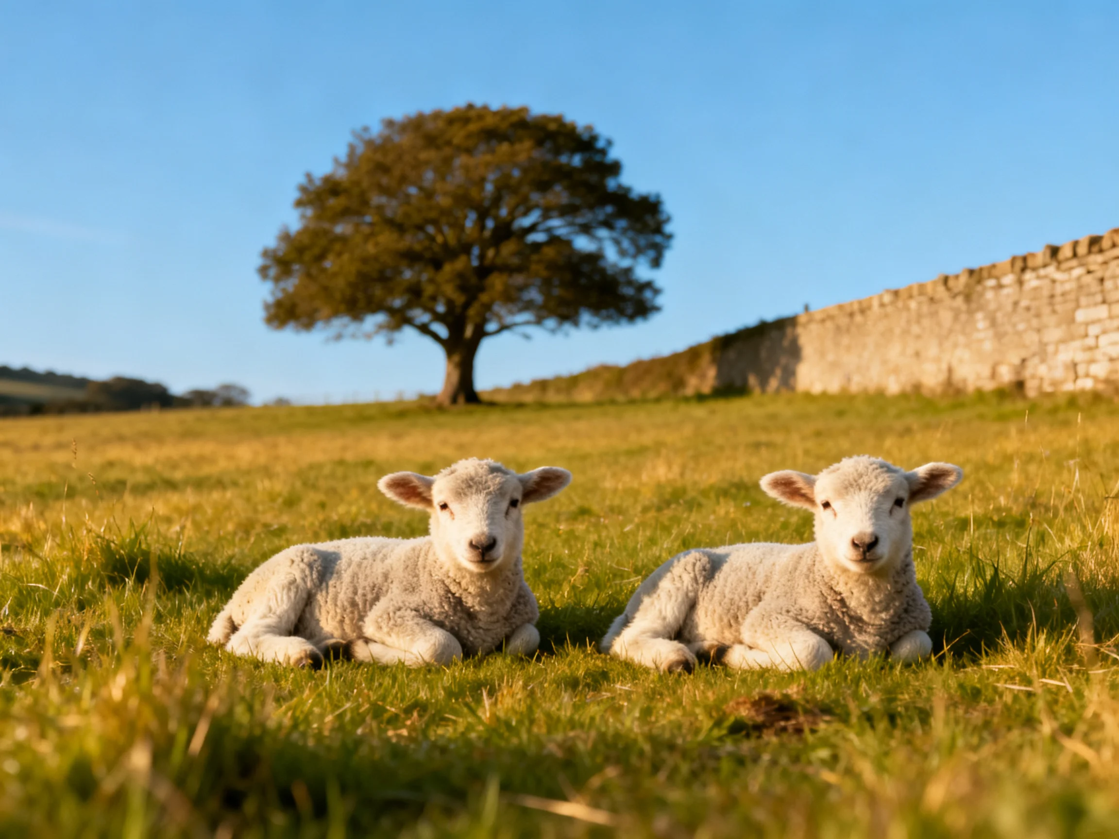 Two fluffy lambs rest in a golden meadow with a large tree and stone wall
