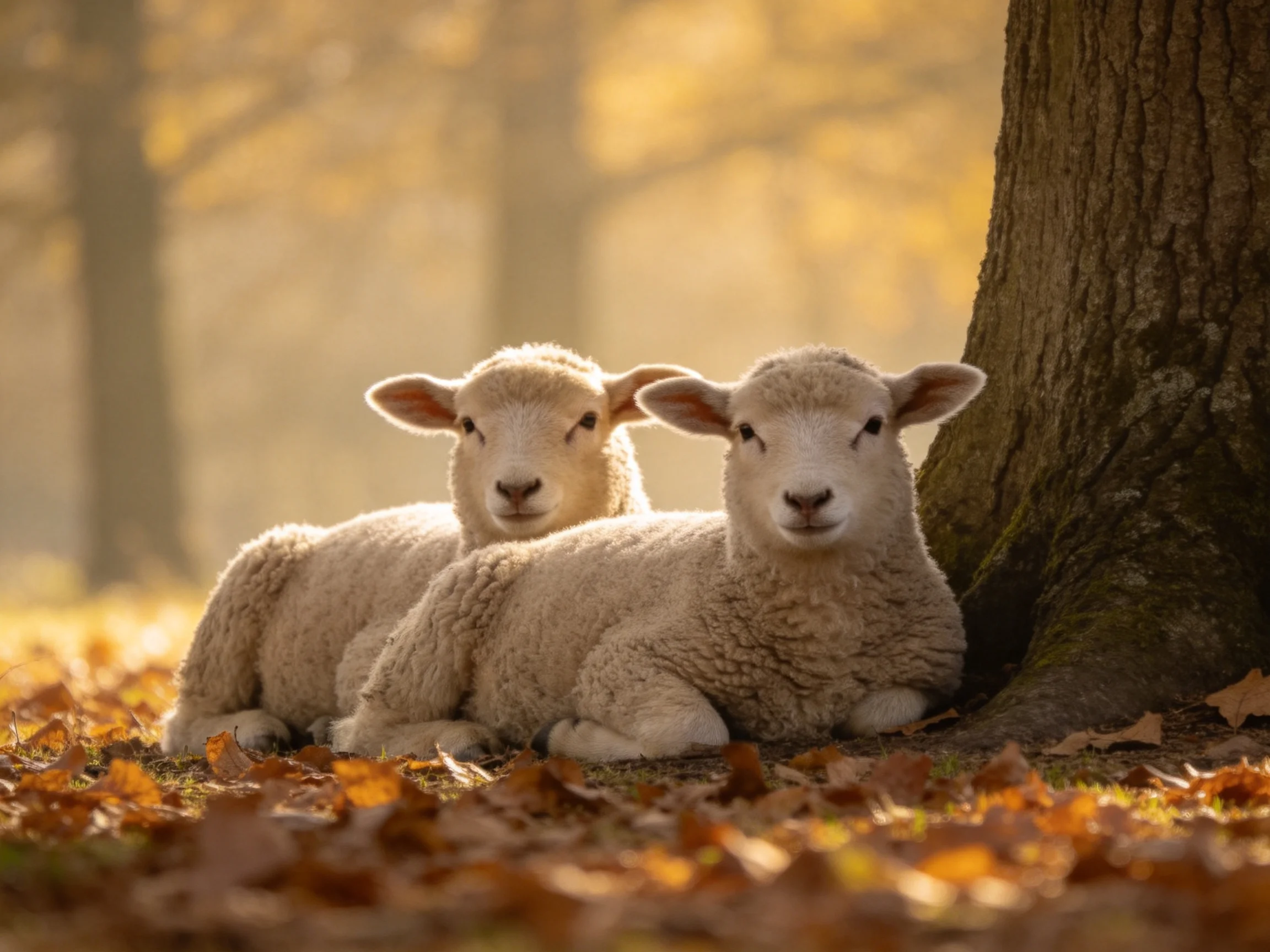 Two fluffy lambs rest near a large tree amid golden autumn leaves