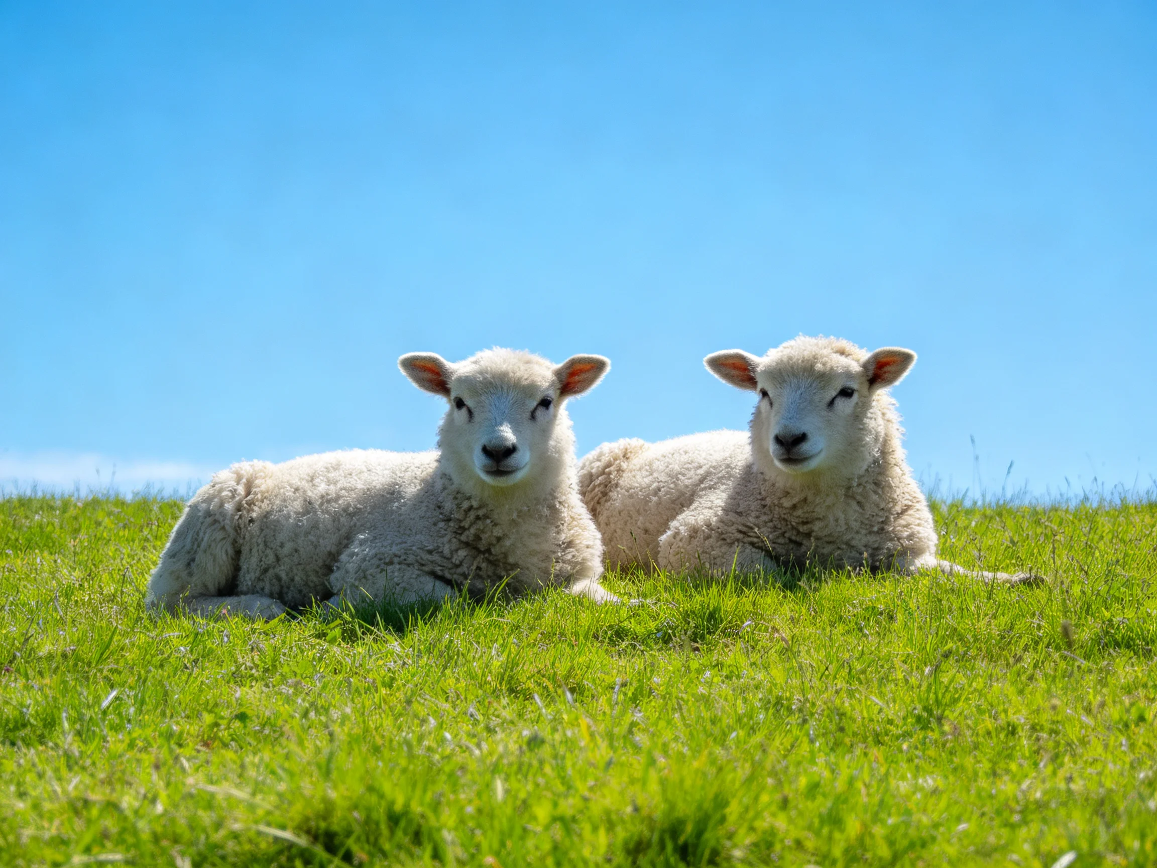 Two fluffy lambs rest on lush green grass under bright blue sky