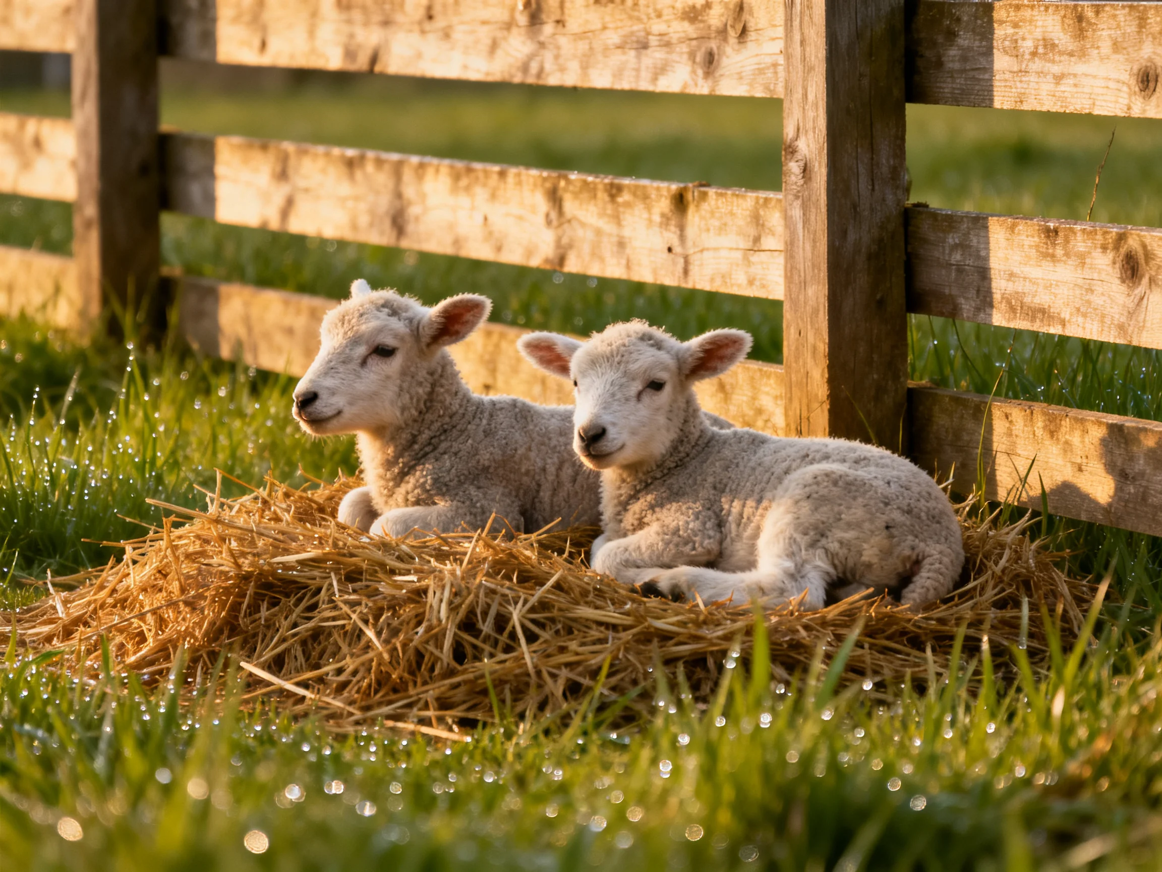 Two fluffy lambs rest on straw beside a wooden fence under golden sunlight