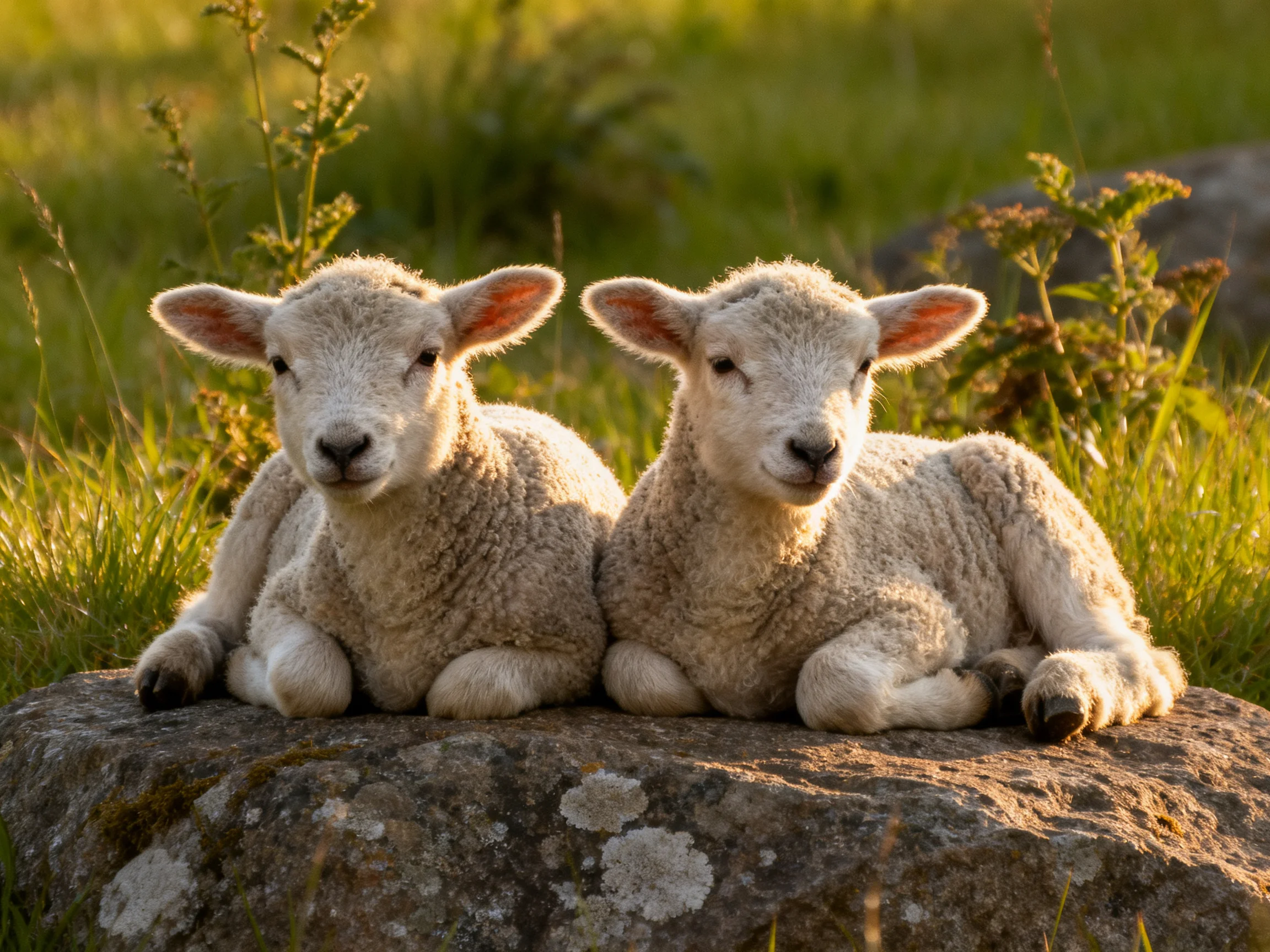 Two fluffy lambs resting together on mossy stone in golden sunlight