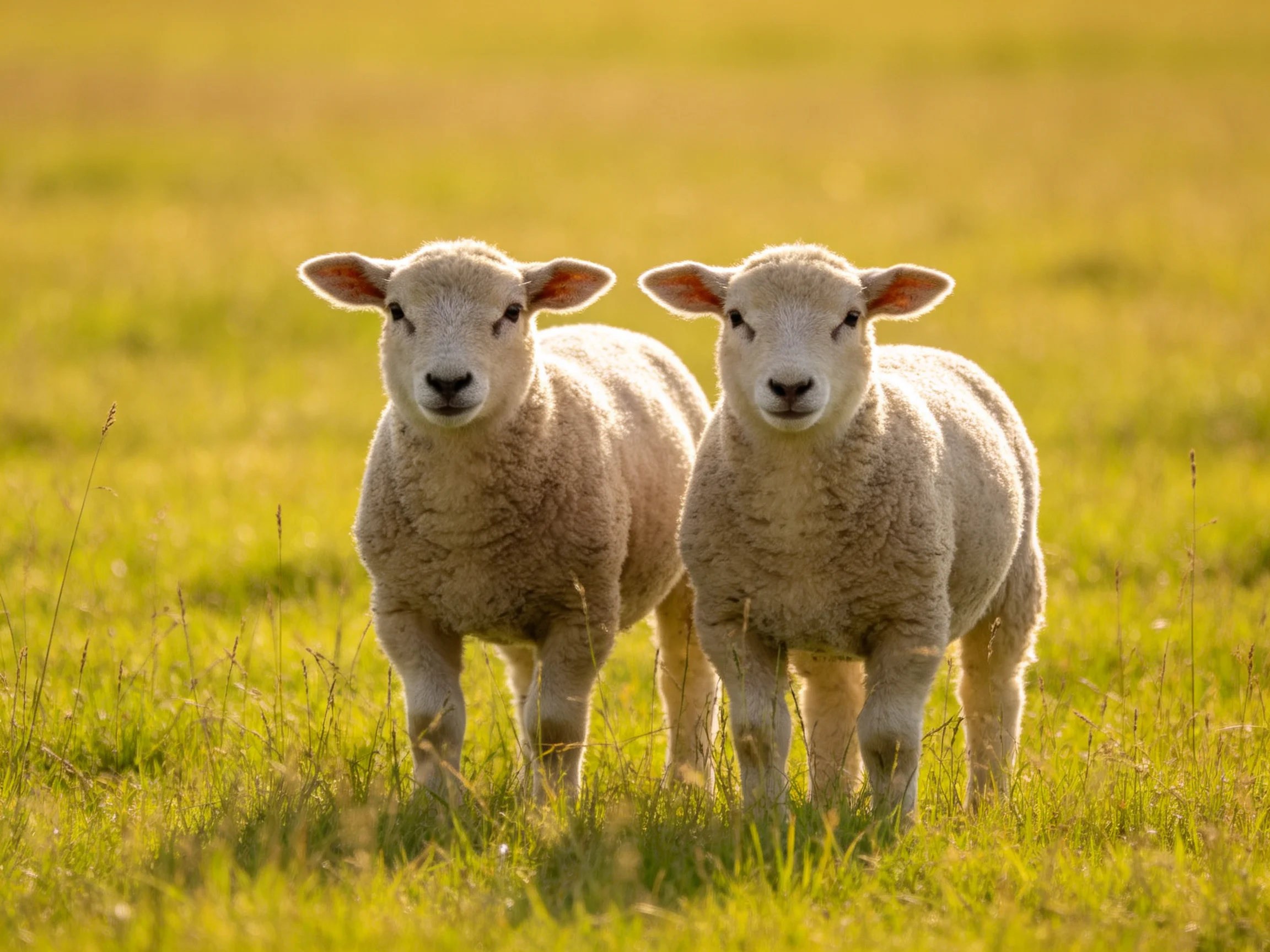 Two fluffy lambs stand in a sunlit green pasture