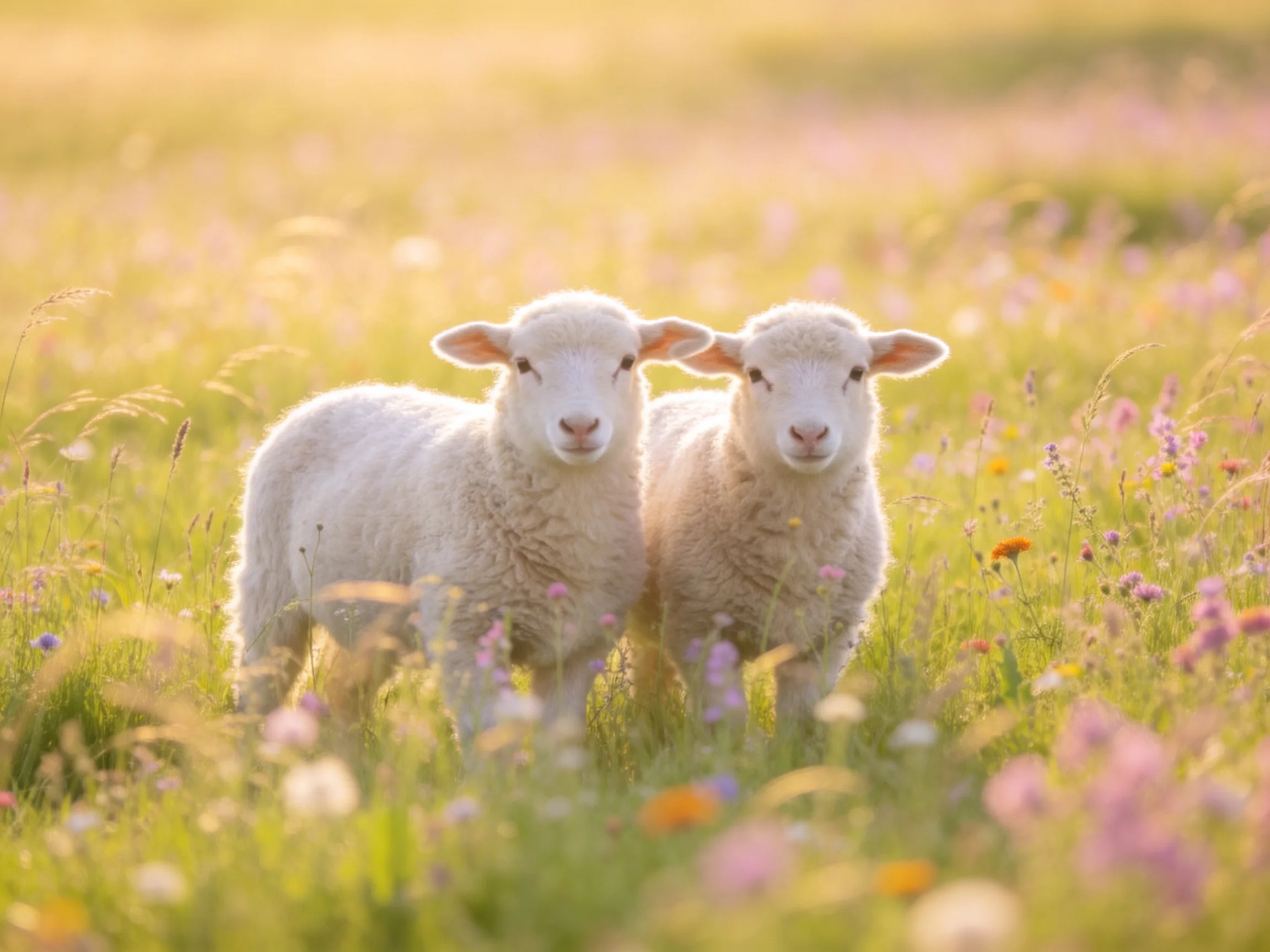 Two fluffy lambs stand in a sunlit wildflower meadow