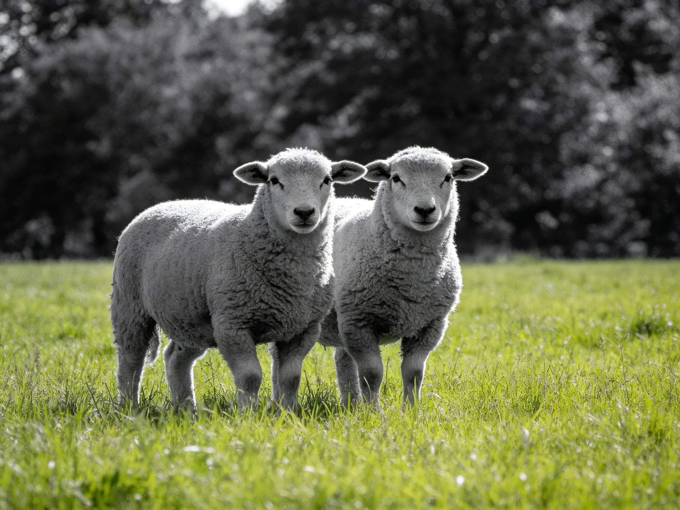 Two fluffy lambs stand in a vibrant green meadow with dark foliage behind