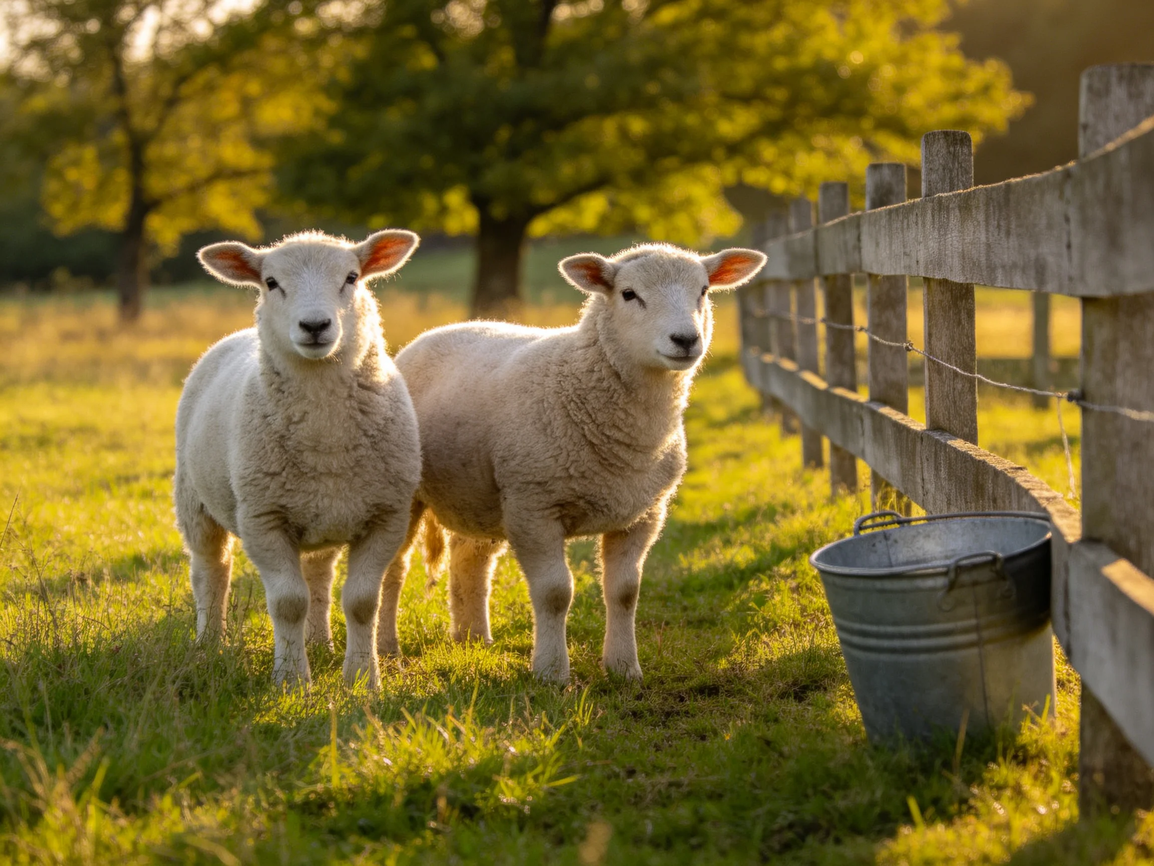 Two fluffy lambs stand near a wooden fence in a sunlit meadow
