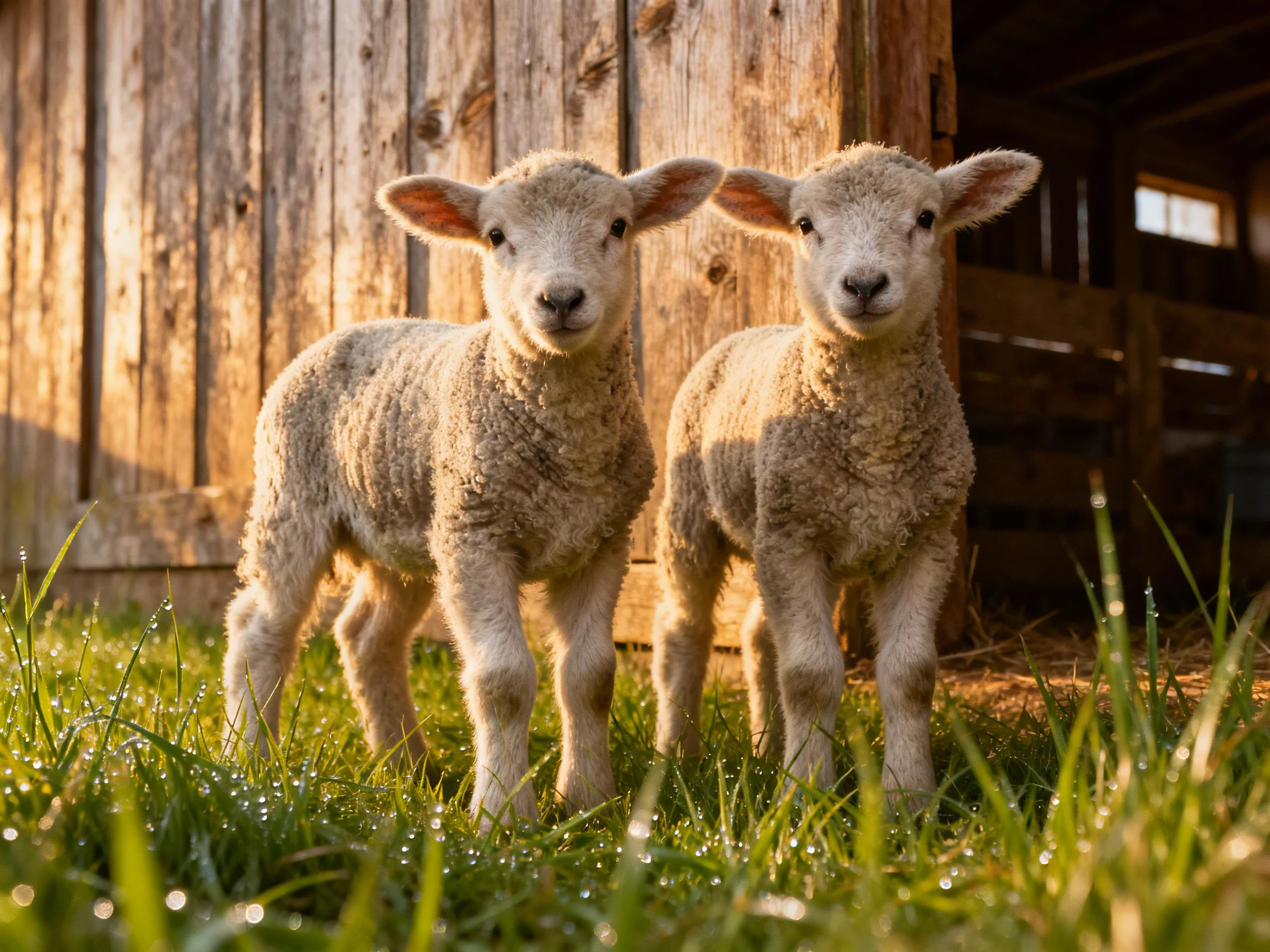 Two fluffy lambs stand near an aged wooden barn with dewy grass
