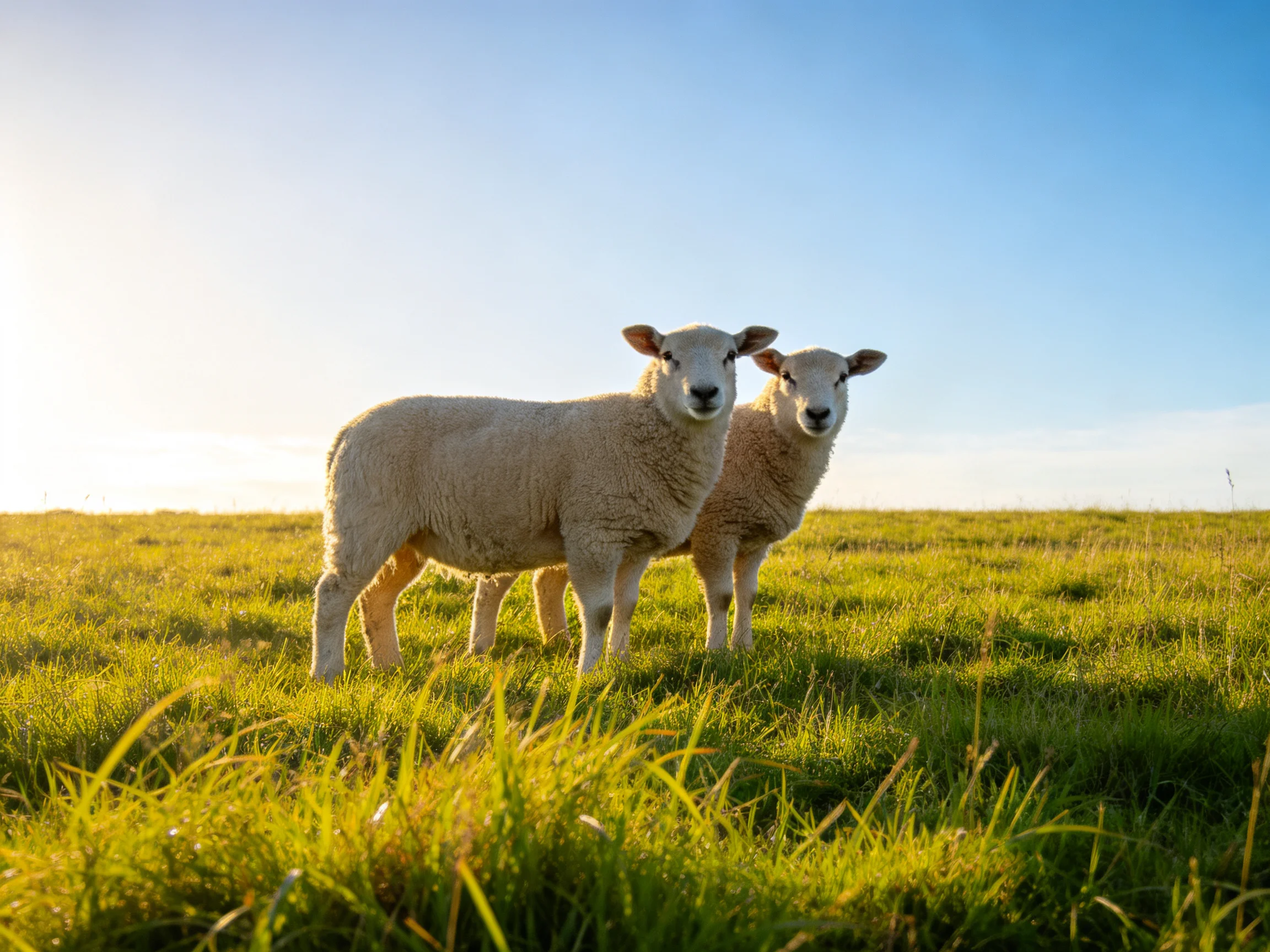 Two fluffy lambs standing in a sunlit green pasture