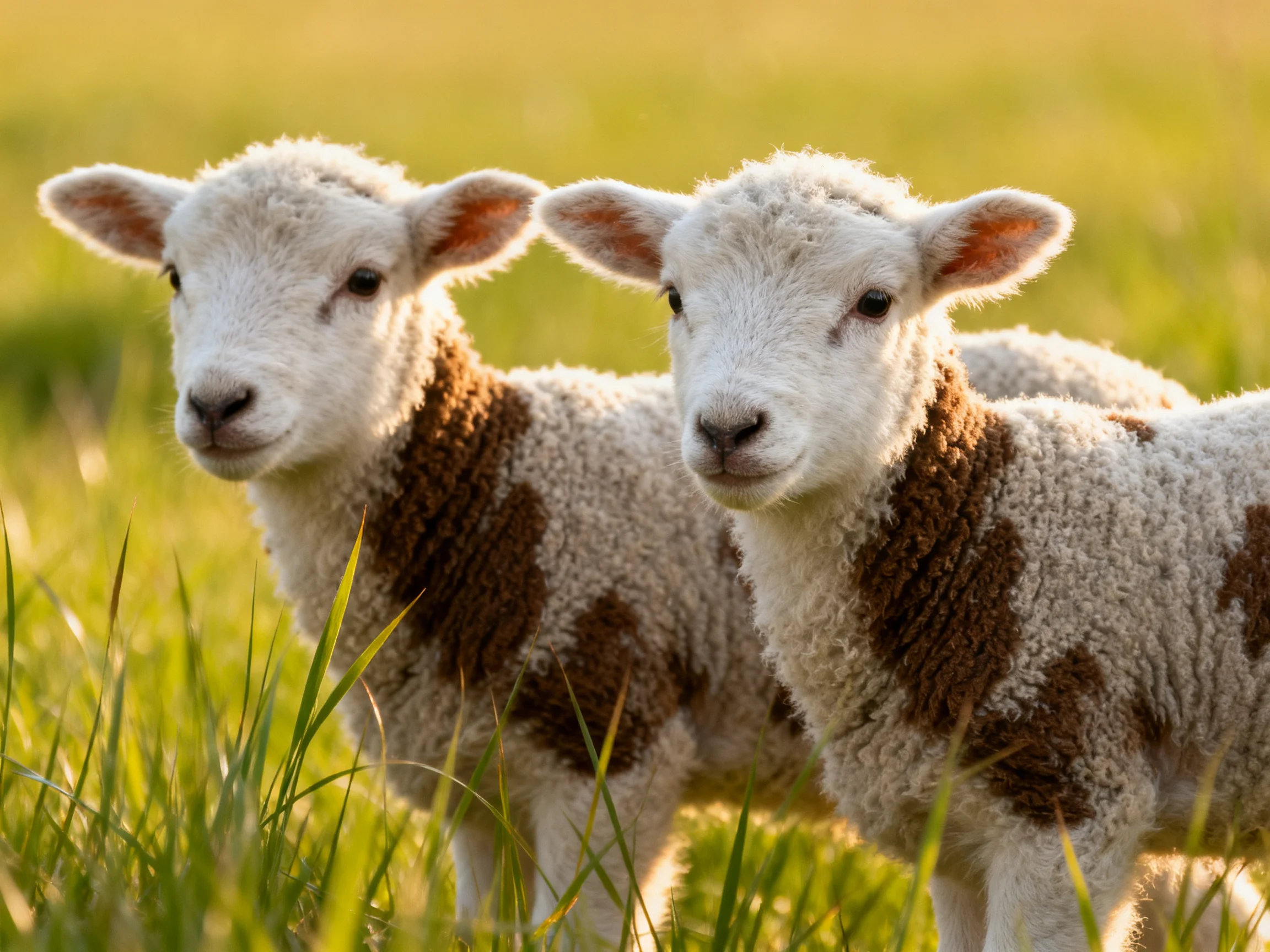 Two fluffy lambs with brown spots in a sunlit meadow