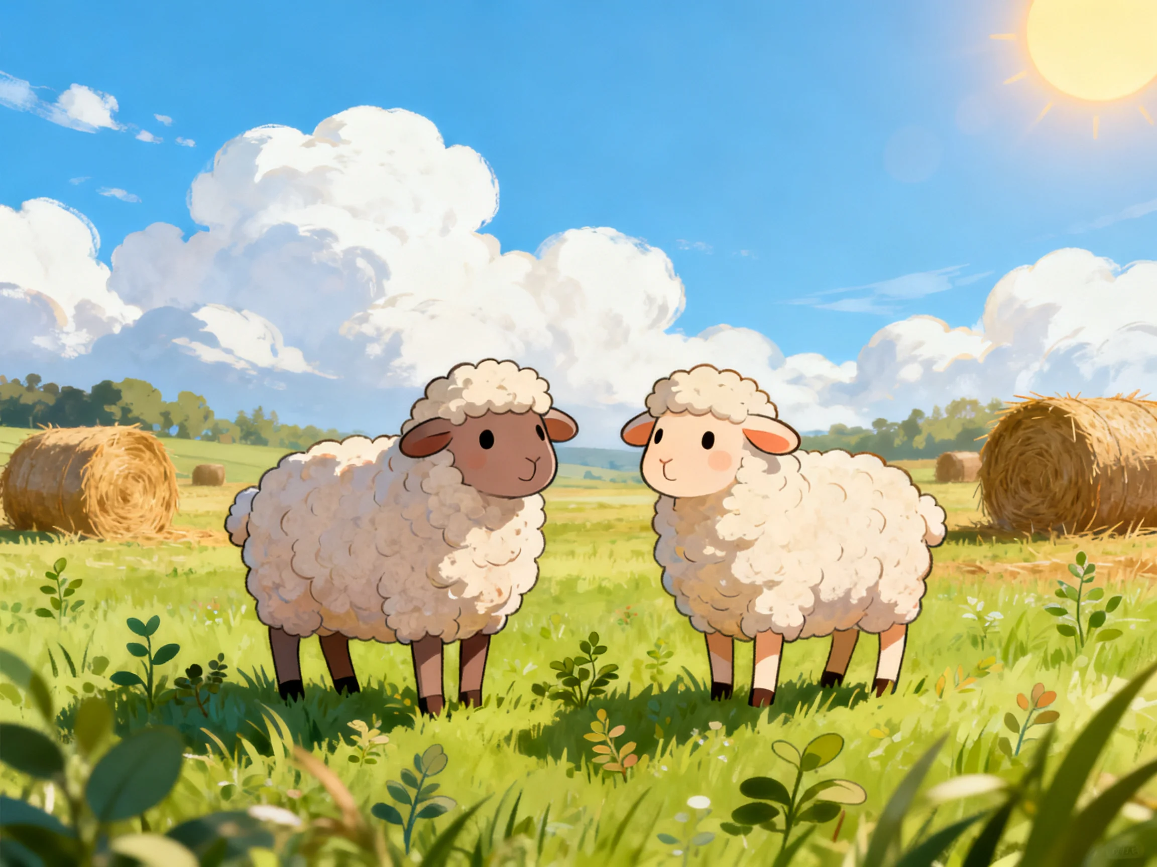 Two fluffy sheep in a sunny meadow with hay bales