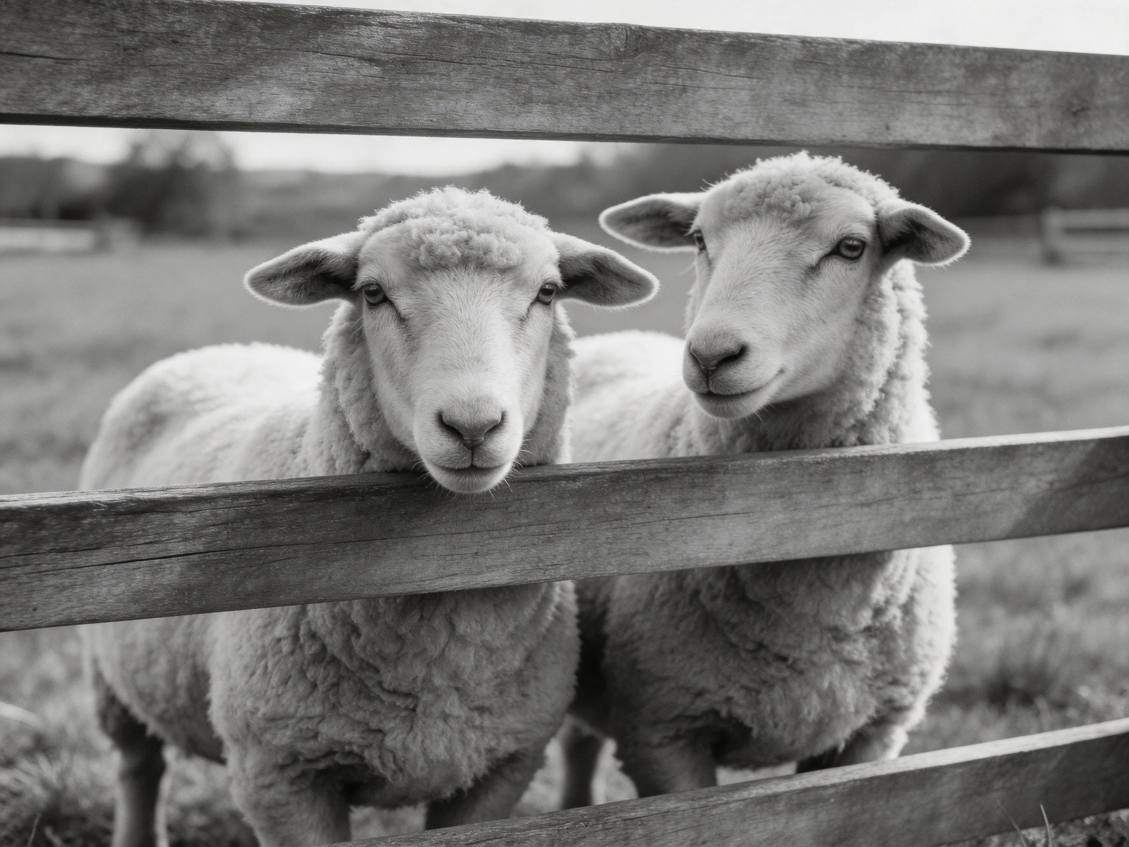 Two fluffy sheep peer over a wooden fence in a rural scene