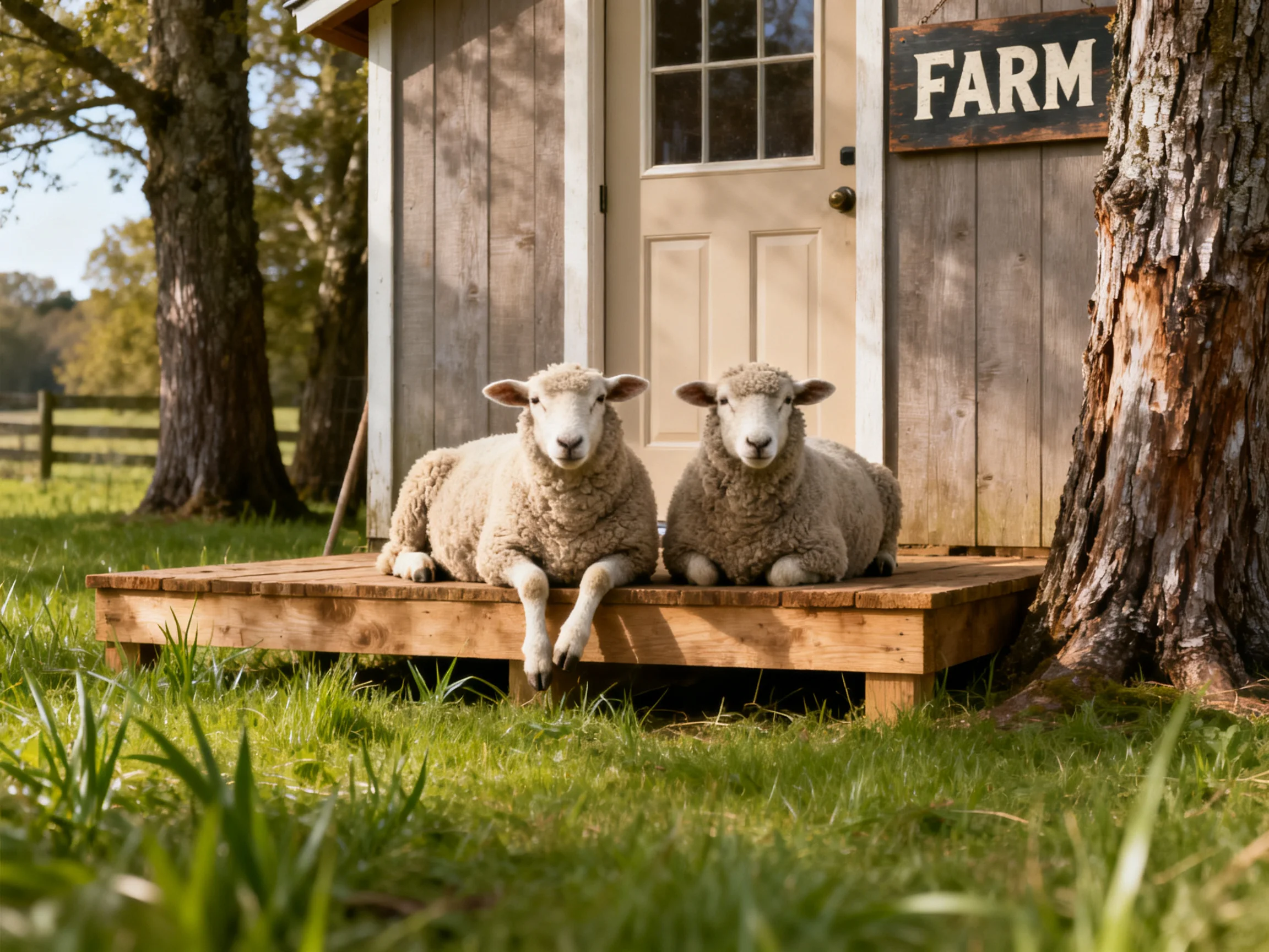 Two sheep relax on a wooden platform outside a rustic farm shed.