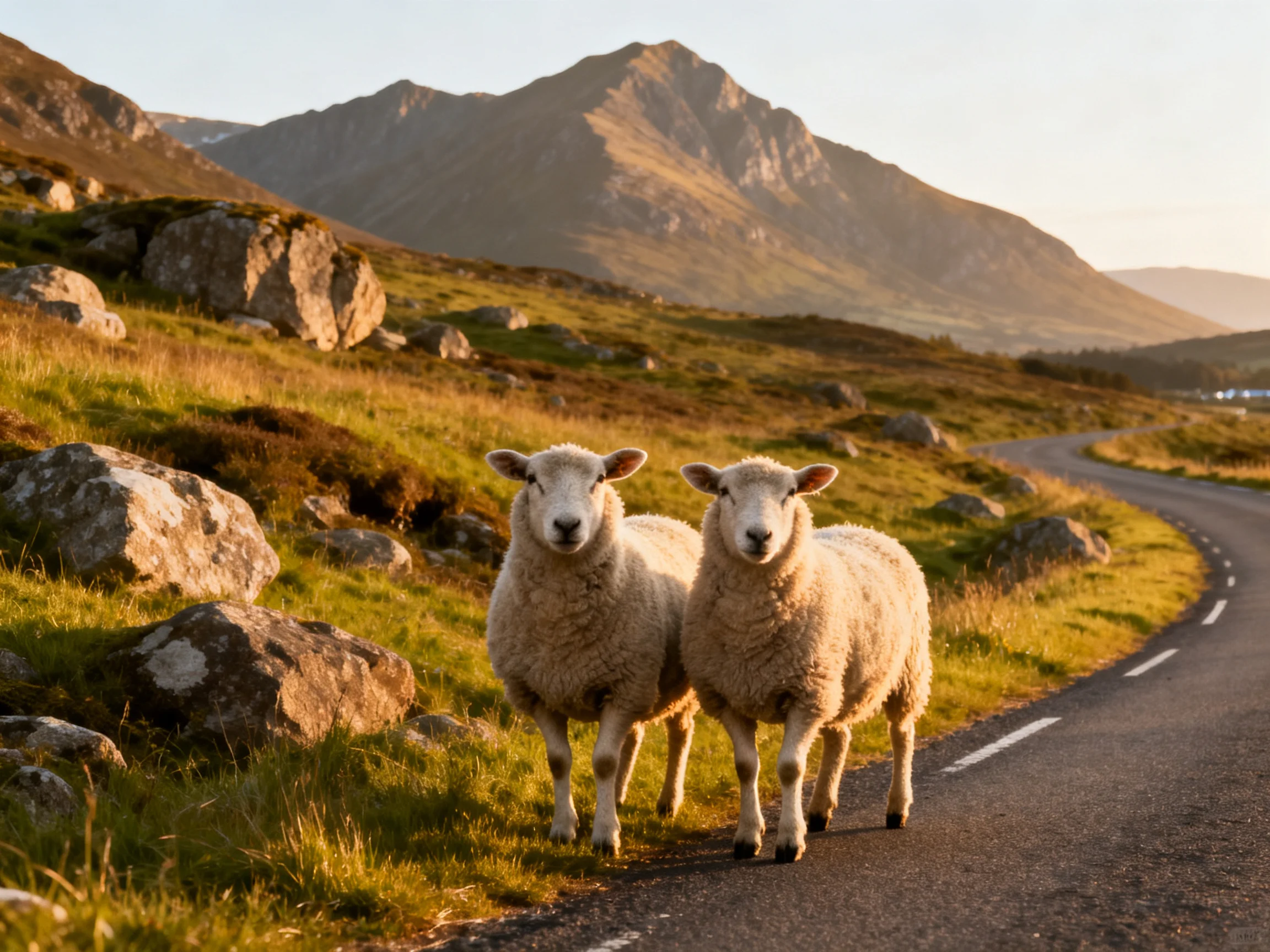 Two sheep stand near a winding mountain road with rocky terrain and distant peaks