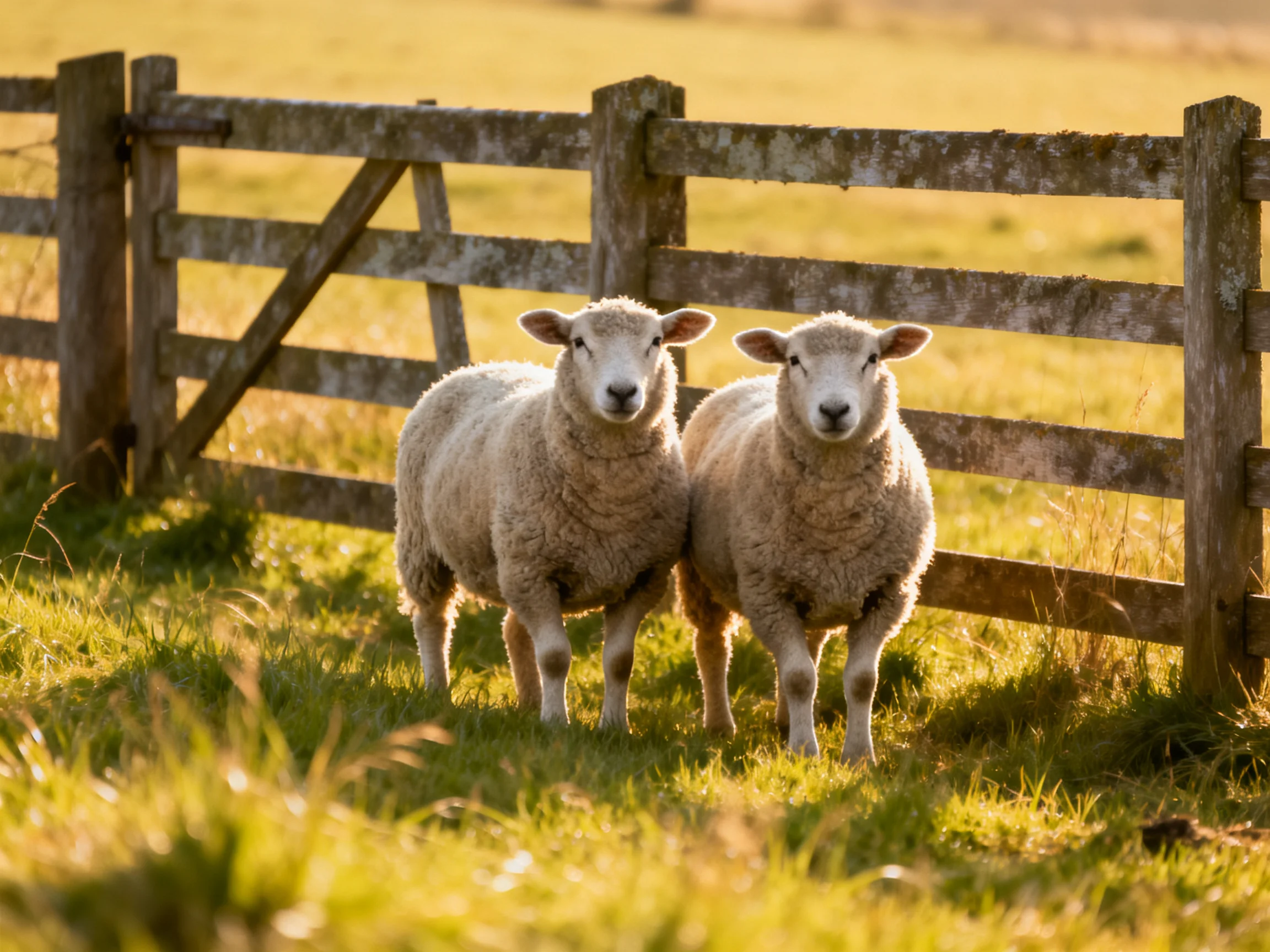 Two fluffy sheep stand beside an aged wooden fence in sunlit grass