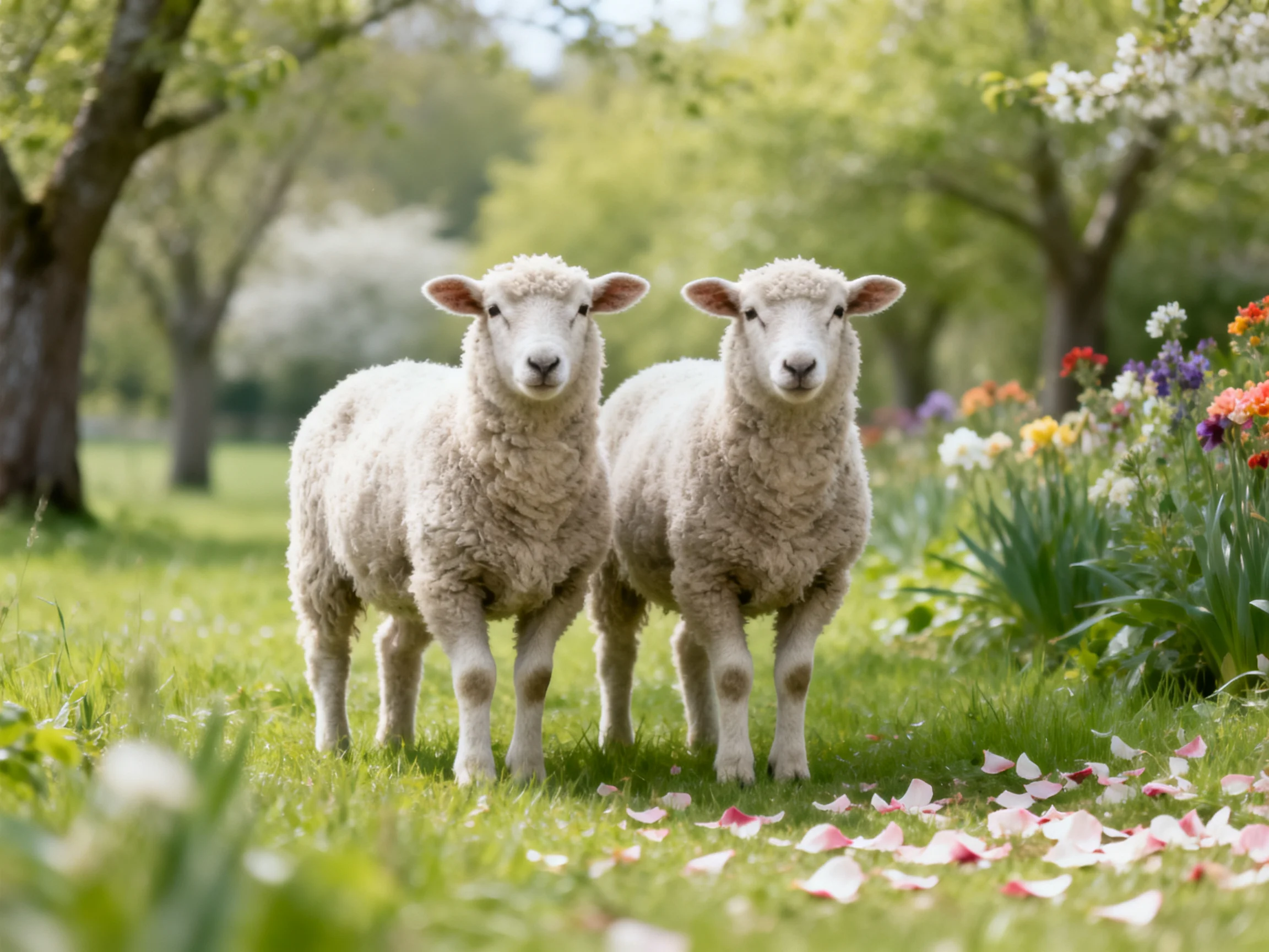 Two fluffy white lambs amidst colorful blooms and greenery