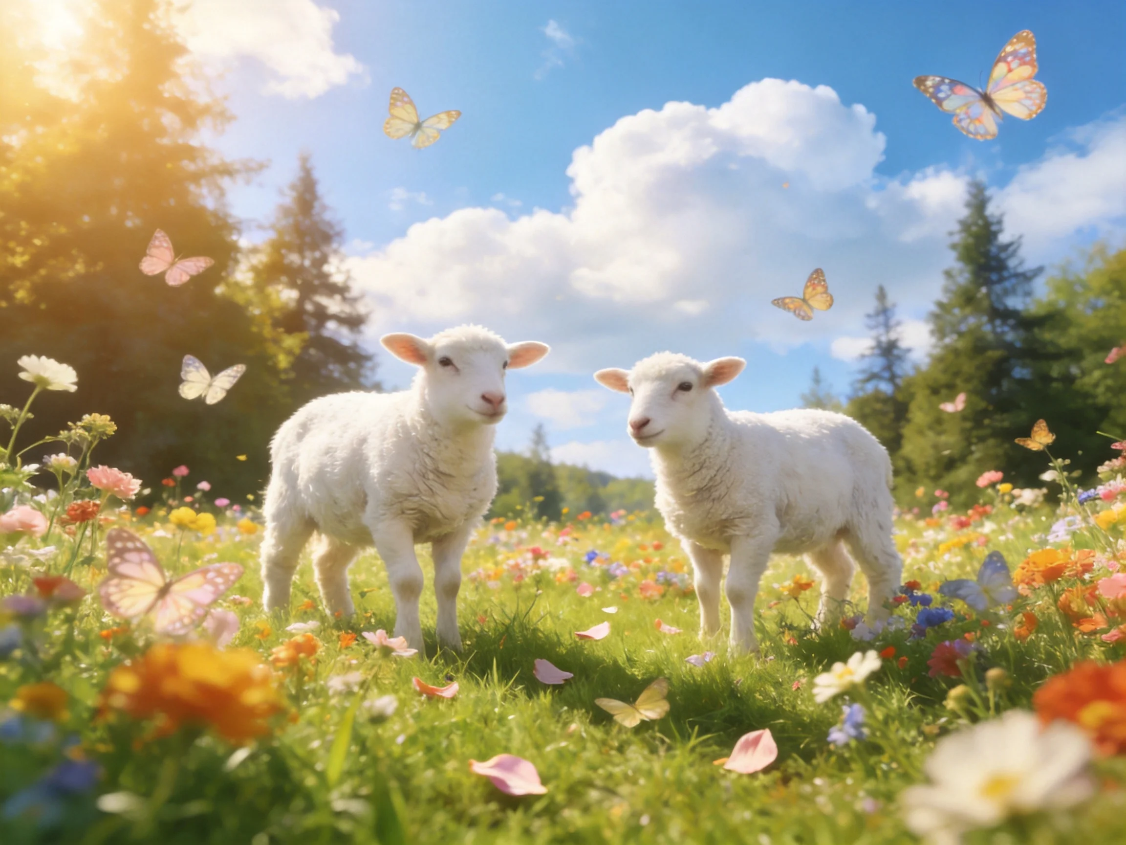 Two fluffy white lambs among vibrant wildflowers and fluttering butterflies