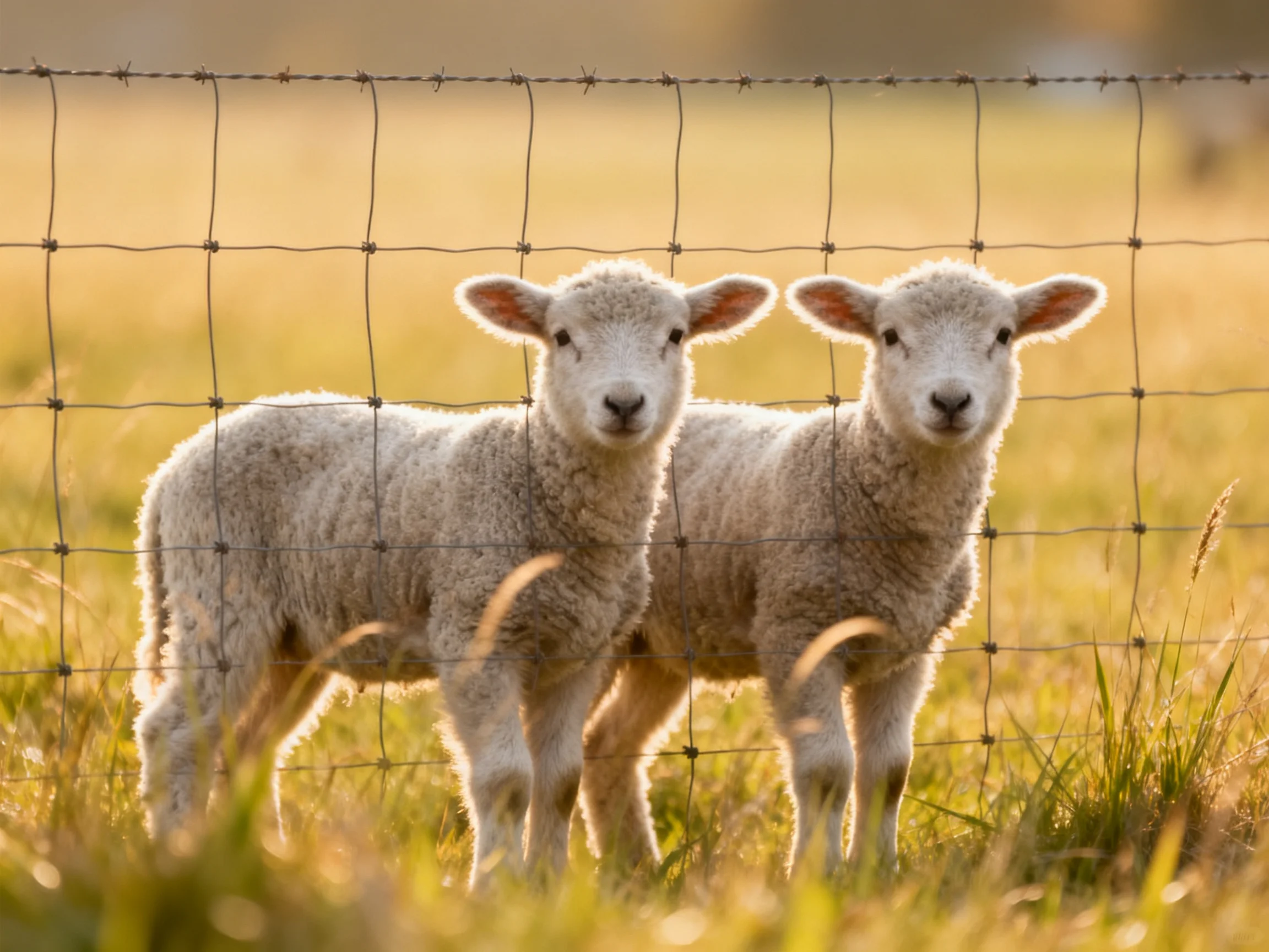 Two fluffy white lambs behind a barbed wire fence in a golden meadow