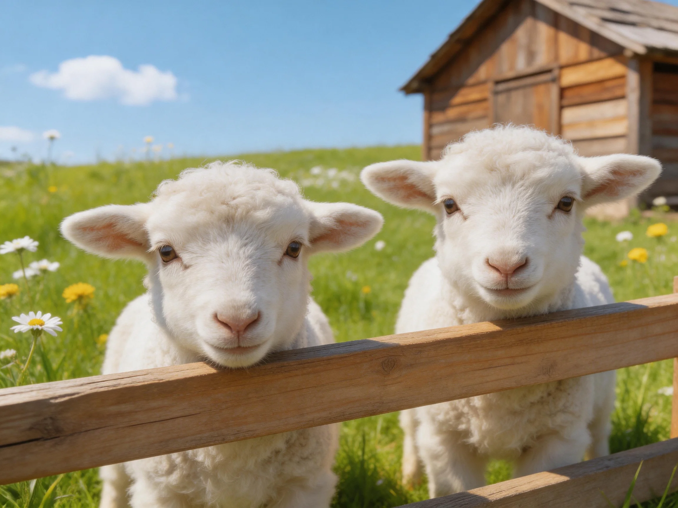 Two young sheep lean over a wooden fence in a bright, flower-filled meadow.