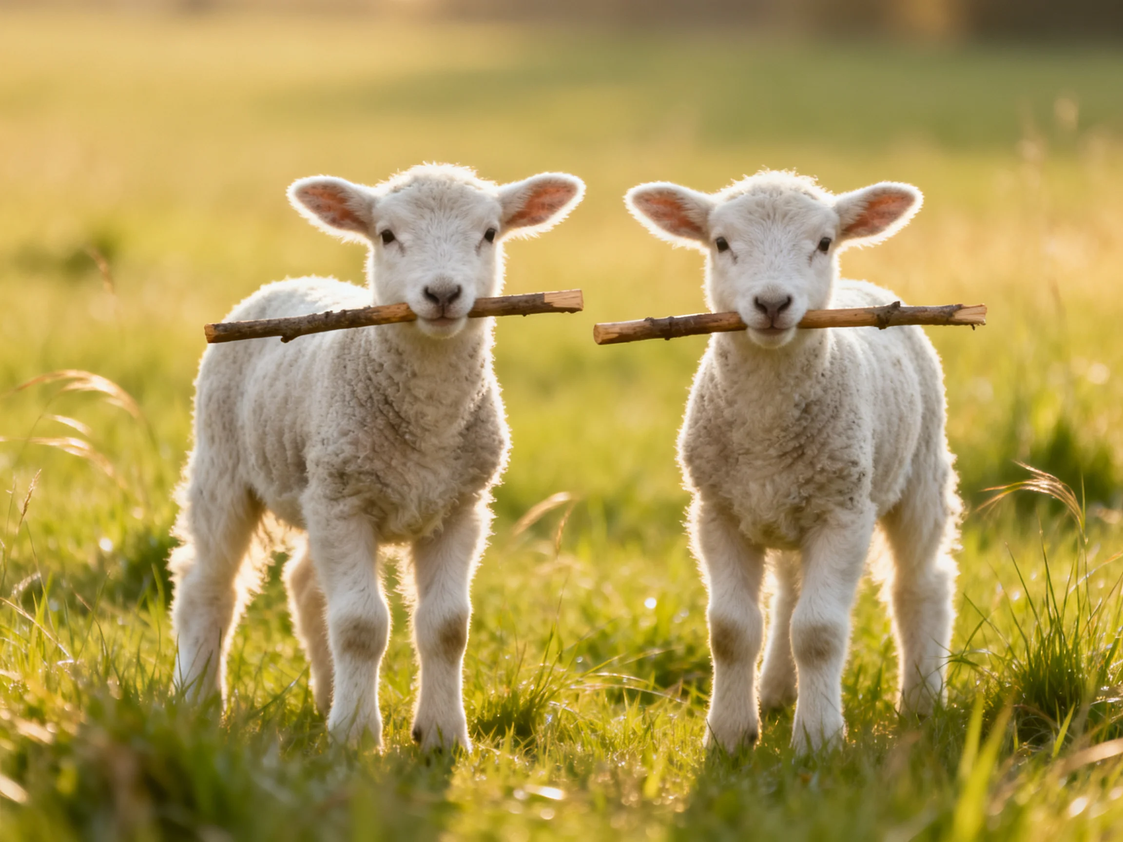 Two fluffy white lambs carry wooden sticks in a sunlit meadow